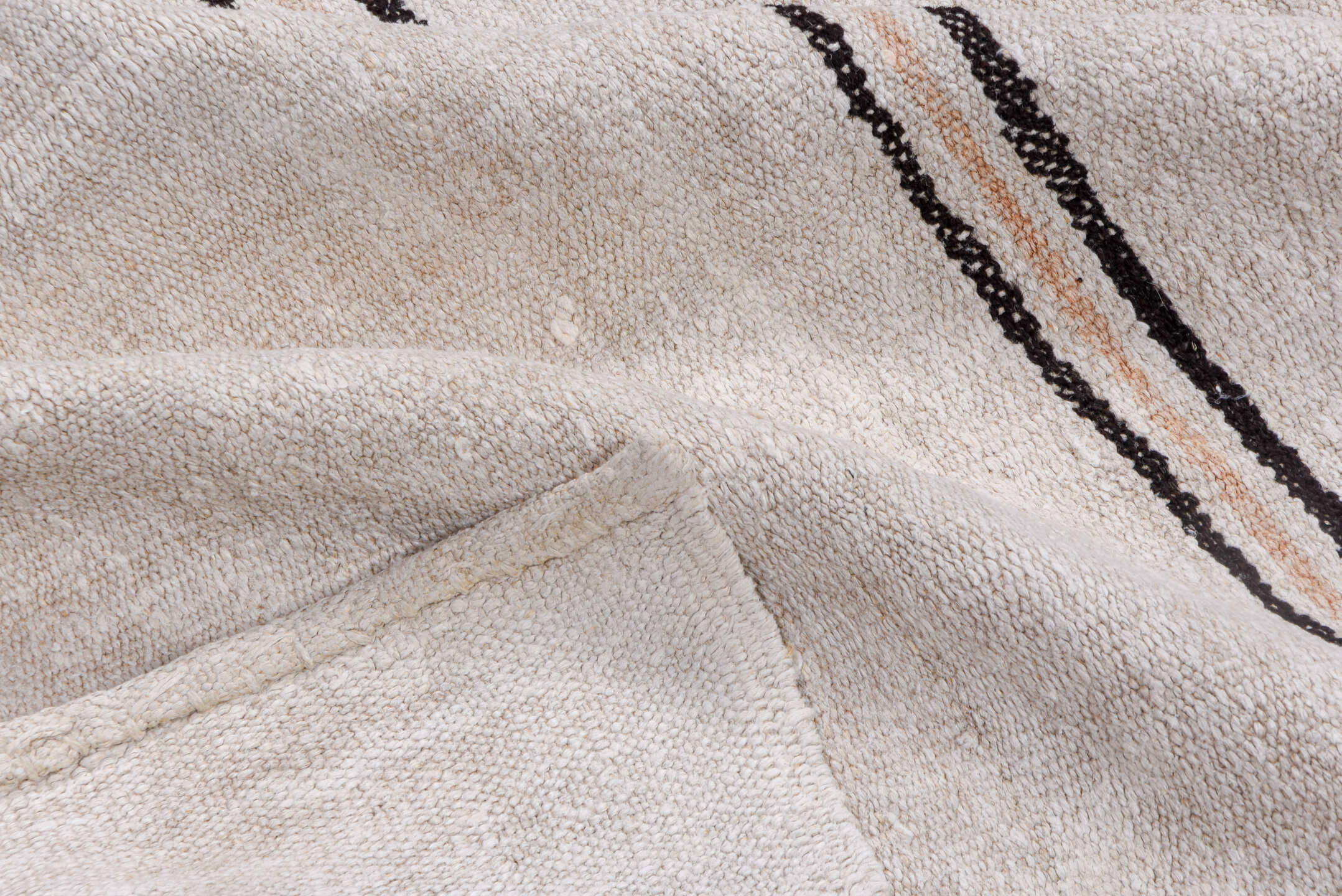 5' x 11' one-of-a-kind handmade vintage Hemp Kilim runner rug. Color palette: ivory, charcoal, taupe, cream, gray, black