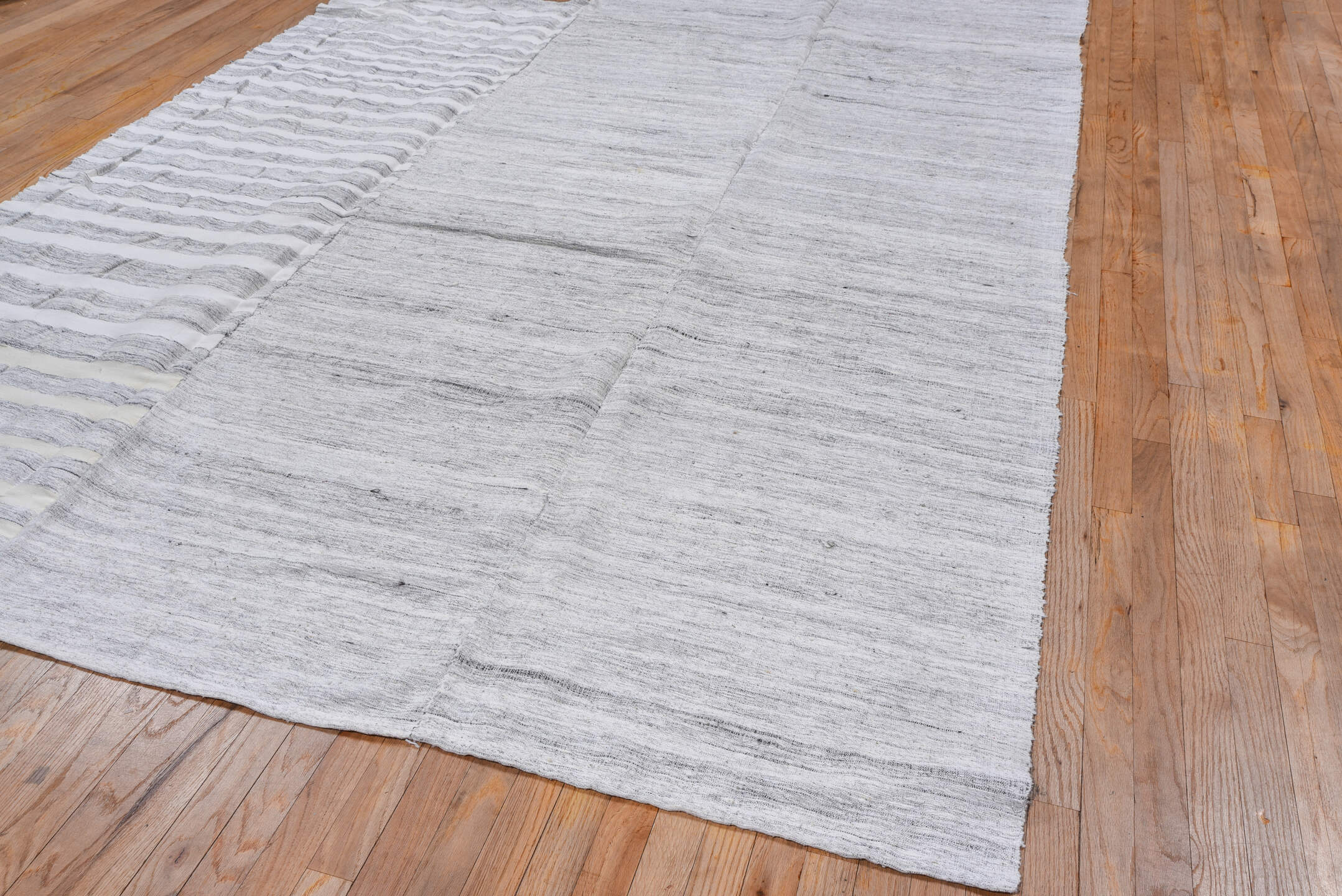 7' x 11' one-of-a-kind handmade vintage Hemp Kilim large size rug. Color palette: ivory, pale blue, light gray, light blue