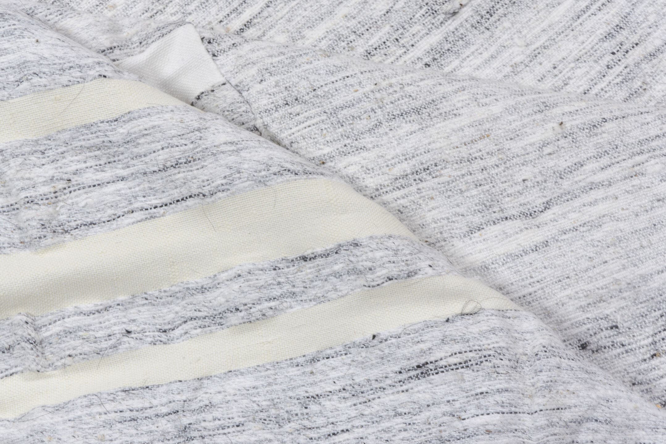 7' x 11' one-of-a-kind handmade vintage Hemp Kilim large size rug. Color palette: ivory, pale blue, light gray, light blue