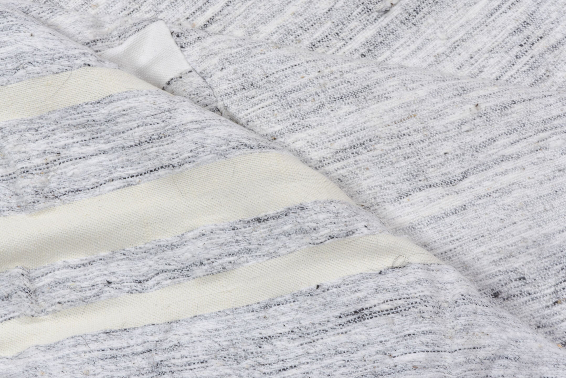 7' x 11' one-of-a-kind handmade vintage Hemp Kilim large size rug. Color palette: ivory, pale blue, light gray, light blue
