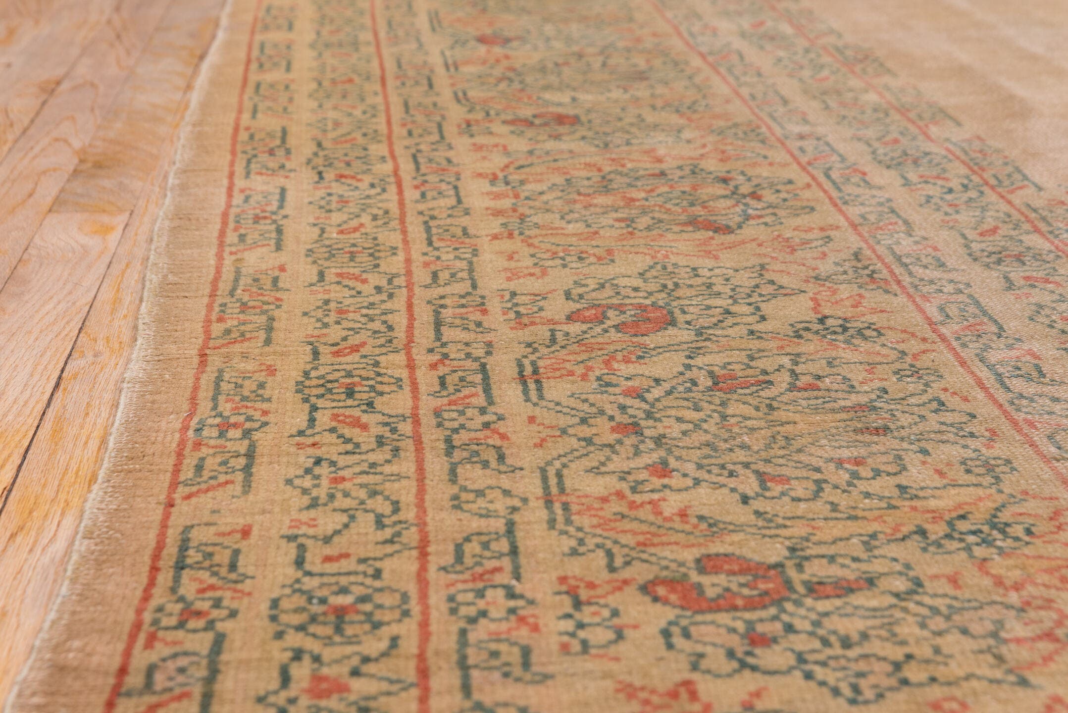 9' x 11' one-of-a-kind handmade antique Oushak large size rug. Color palette: taupe, beige, sage, coral, faded blue, ivory