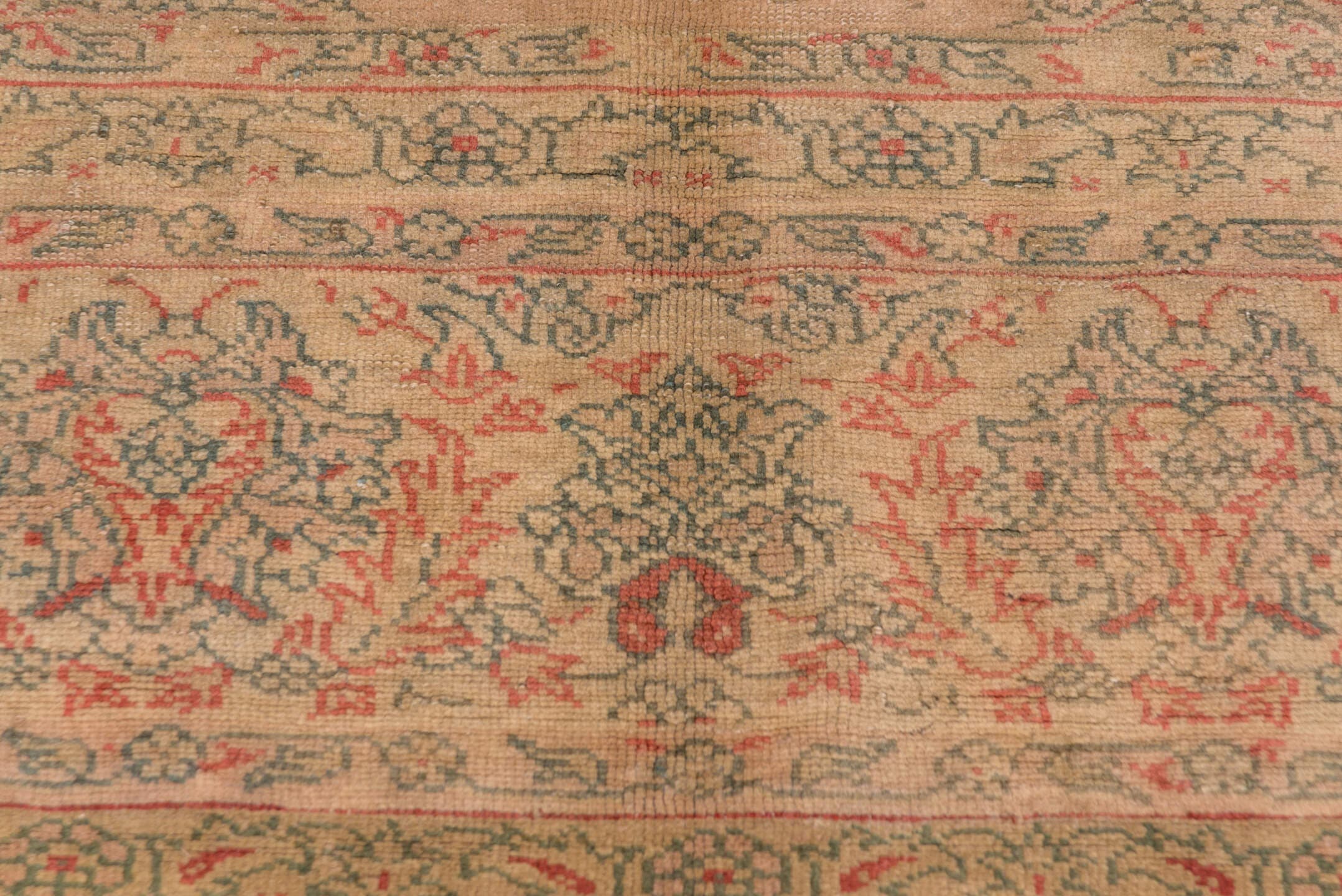 9' x 11' one-of-a-kind handmade antique Oushak large size rug. Color palette: taupe, beige, sage, coral, faded blue, ivory
