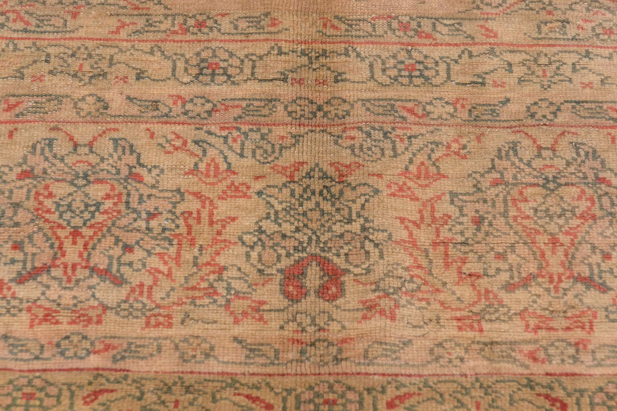 9' x 11' one-of-a-kind handmade antique Oushak large size rug. Color palette: taupe, beige, sage, coral, faded blue, ivory