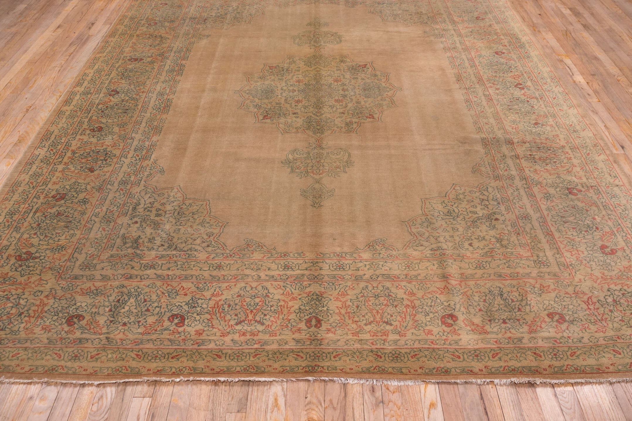9' x 11' one-of-a-kind handmade antique Oushak large size rug. Color palette: taupe, beige, sage, coral, faded blue, ivory