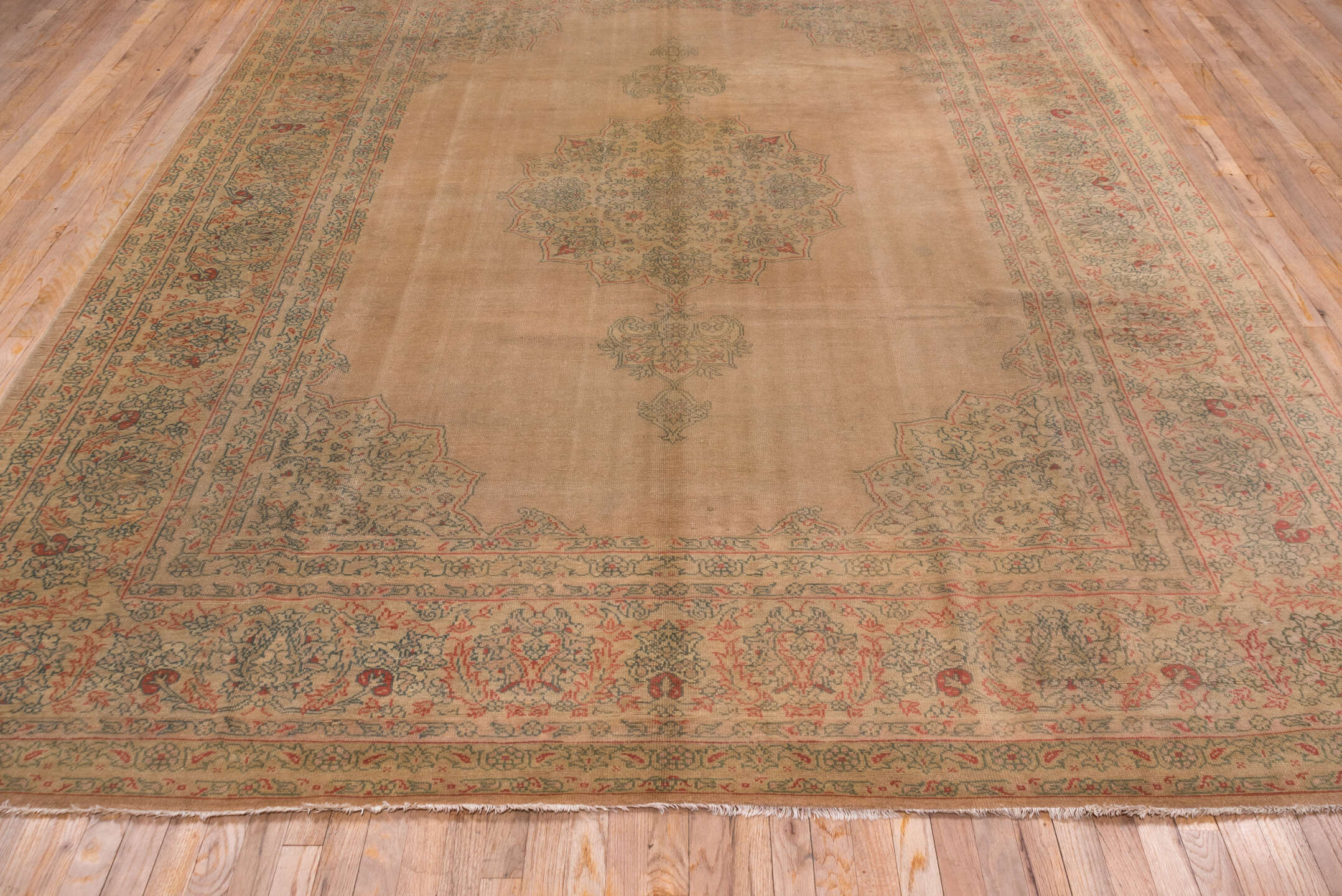 9' x 11' one-of-a-kind handmade antique Oushak large size rug. Color palette: taupe, beige, sage, coral, faded blue, ivory