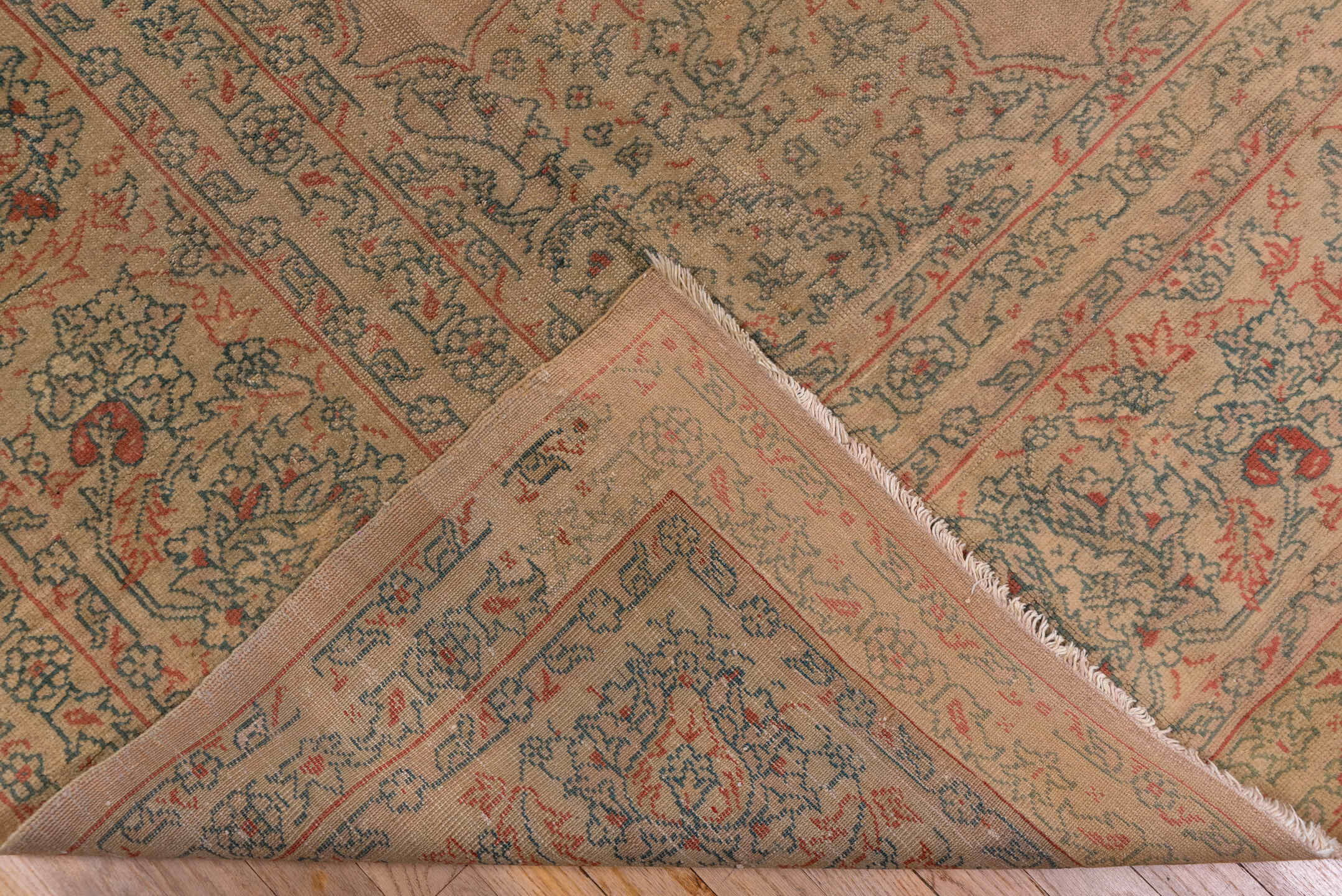 9' x 11' one-of-a-kind handmade antique Oushak large size rug. Color palette: taupe, beige, sage, coral, faded blue, ivory