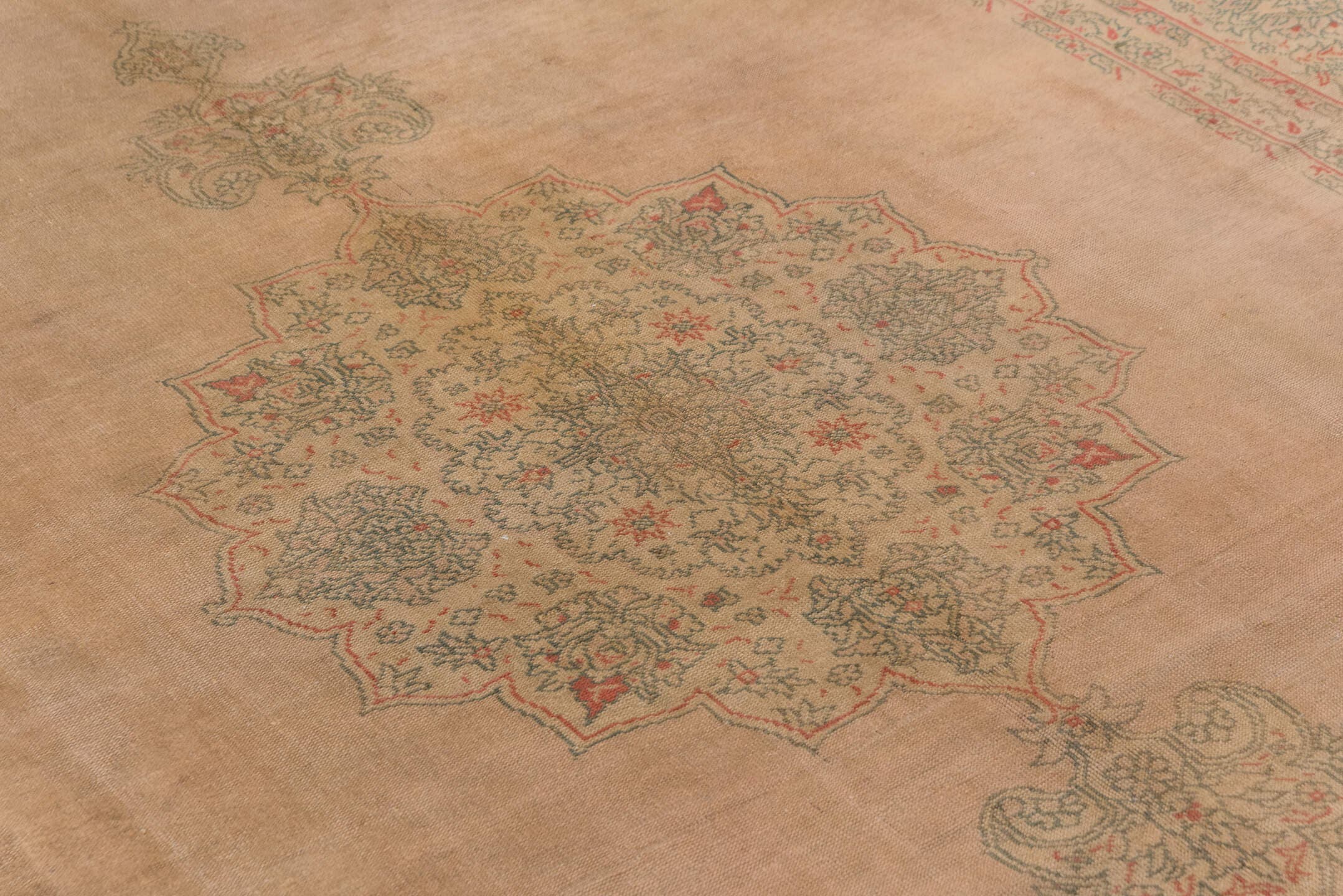 9' x 11' one-of-a-kind handmade antique Oushak large size rug. Color palette: taupe, beige, sage, coral, faded blue, ivory