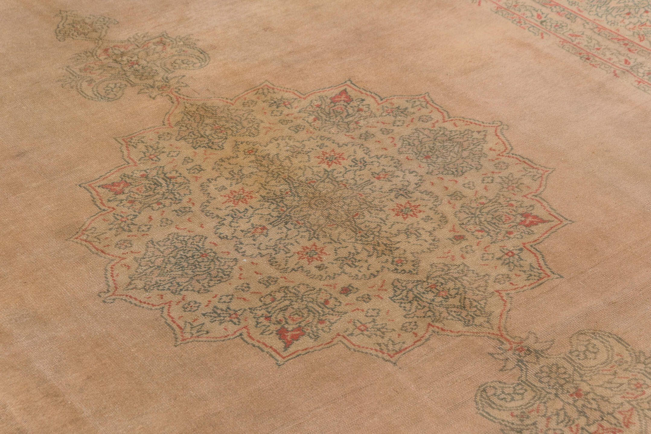 9' x 11' one-of-a-kind handmade antique Oushak large size rug. Color palette: taupe, beige, sage, coral, faded blue, ivory