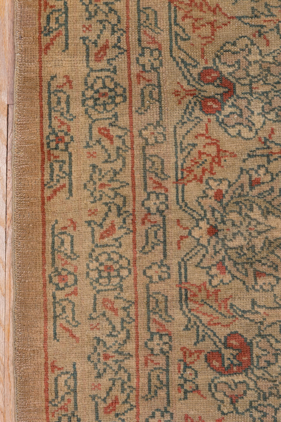 9' x 11' one-of-a-kind handmade antique Oushak large size rug. Color palette: taupe, beige, sage, coral, faded blue, ivory