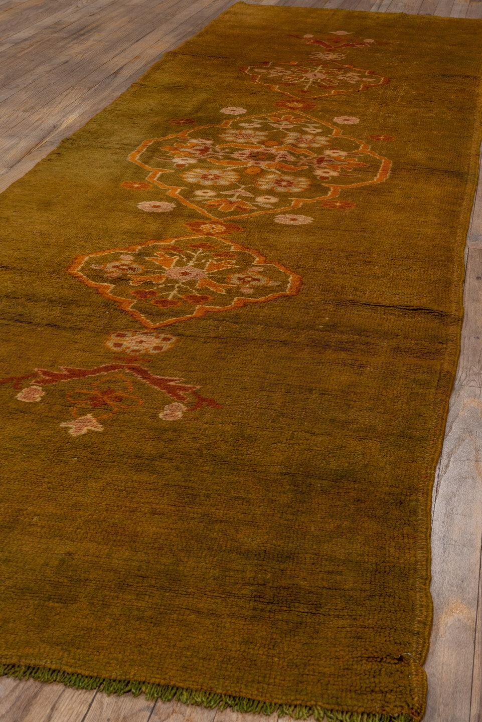 3' x 11' one-of-a-kind handmade antique Oushak runner rug. Color palette: camel, gold, rust, ivory, blush, sage, beige
