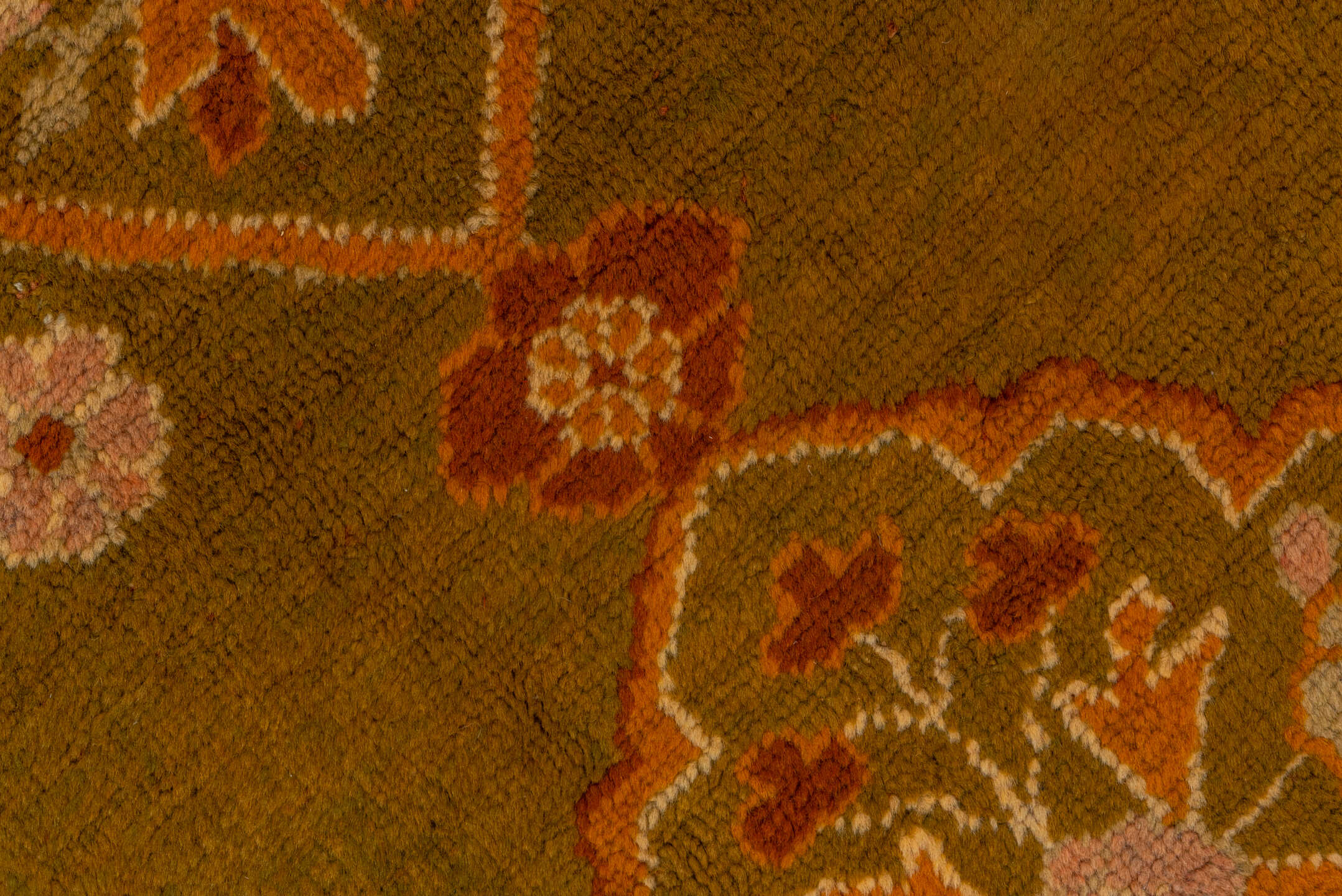 3' x 11' one-of-a-kind handmade antique Oushak runner rug. Color palette: camel, gold, rust, ivory, blush, sage, beige