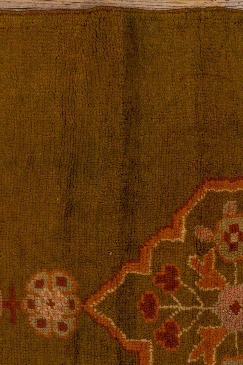 3' x 11' one-of-a-kind handmade antique Oushak runner rug. Color palette: camel, gold, rust, ivory, blush, sage, beige