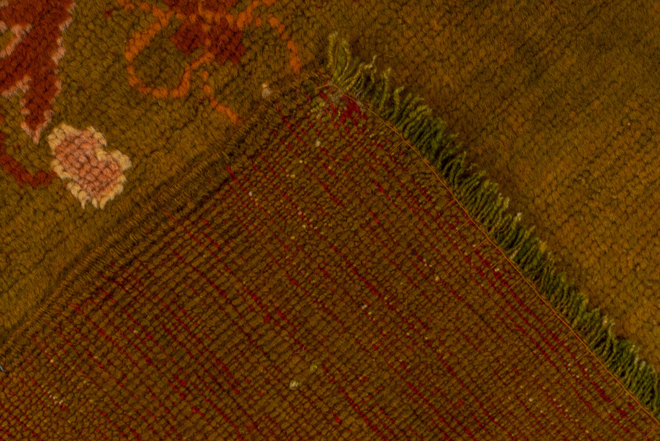 3' x 11' one-of-a-kind handmade antique Oushak runner rug. Color palette: camel, gold, rust, ivory, blush, sage, beige