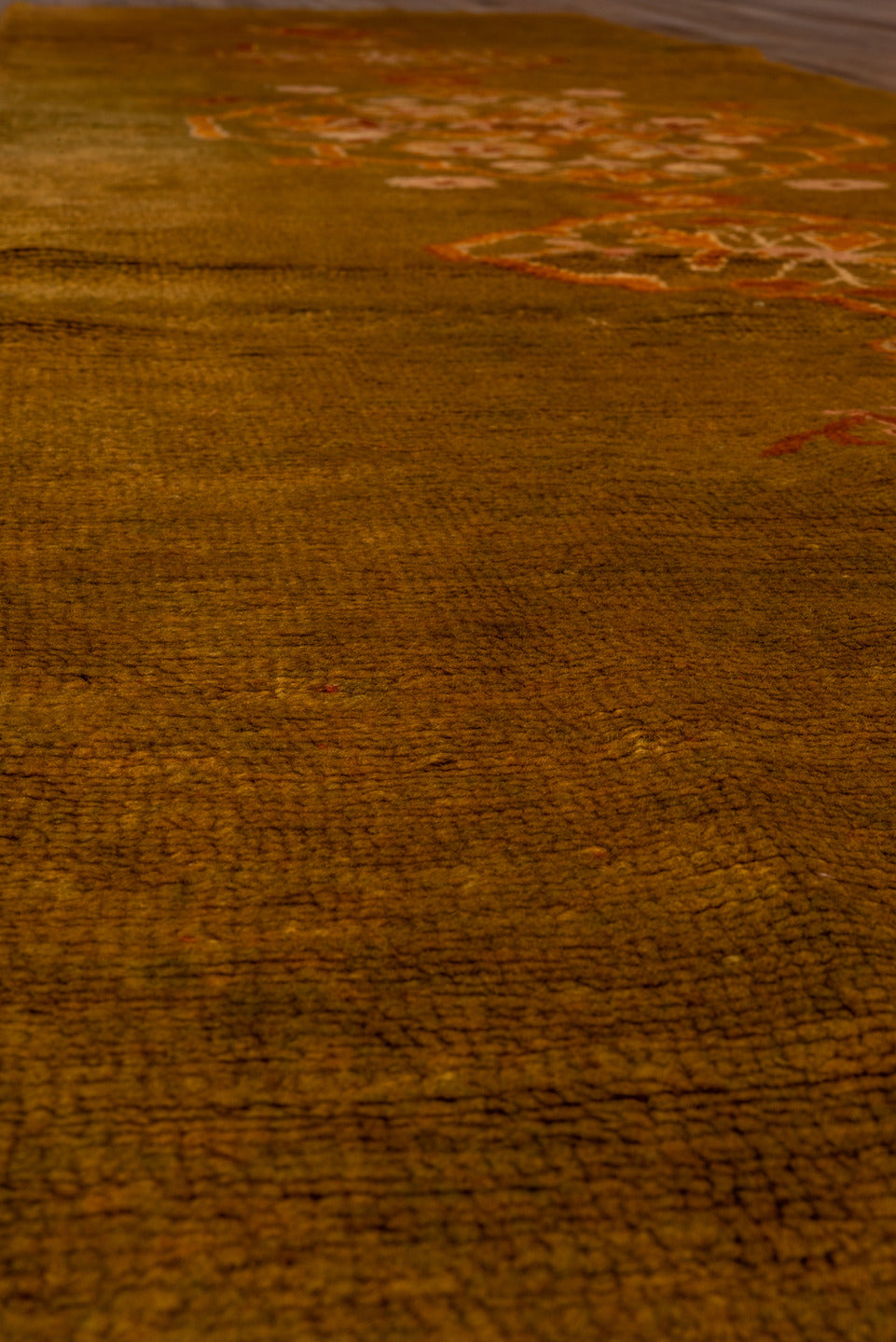 3' x 11' one-of-a-kind handmade antique Oushak runner rug. Color palette: camel, gold, rust, ivory, blush, sage, beige