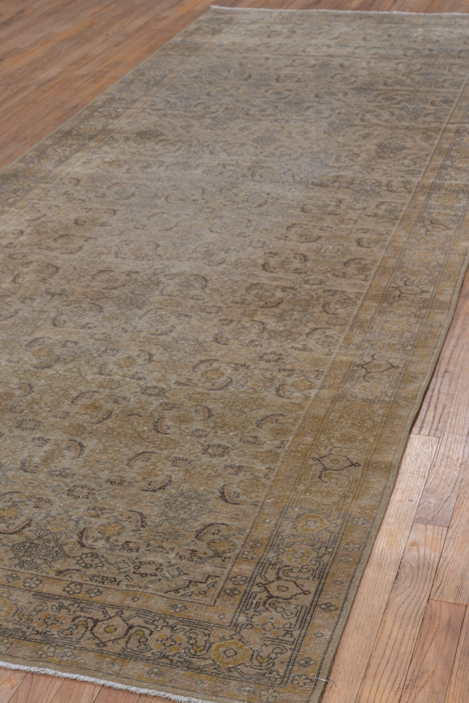4' x 12' one-of-a-kind handmade vintage Sivas runner rug. Color palette: brown, gray, light gray, off-white, snow, white