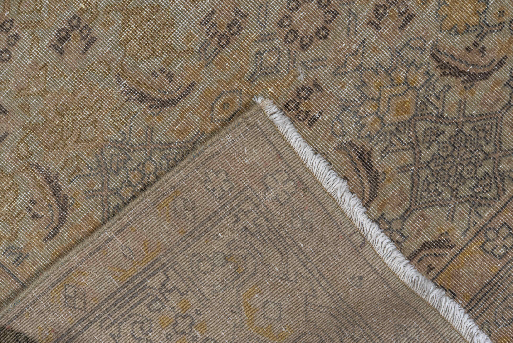 4' x 12' one-of-a-kind handmade antique Sivas runner rug. Color palette: taupe, beige, ivory, gold, slate, camel, brown
