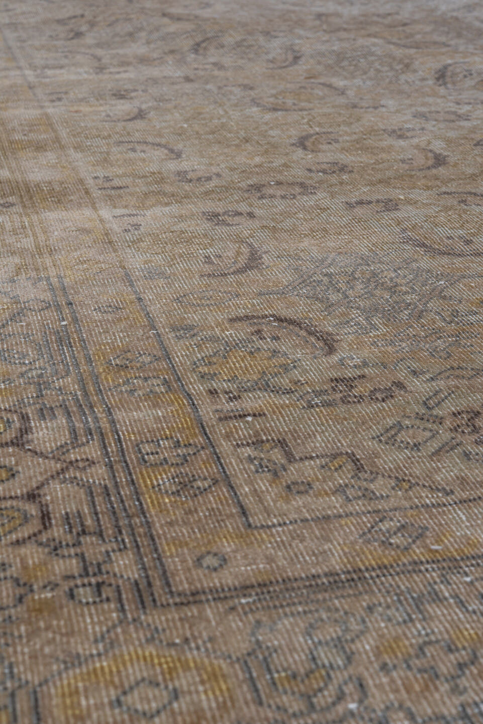 4' x 12' one-of-a-kind handmade antique Sivas runner rug. Color palette: taupe, beige, ivory, gold, slate, camel, brown
