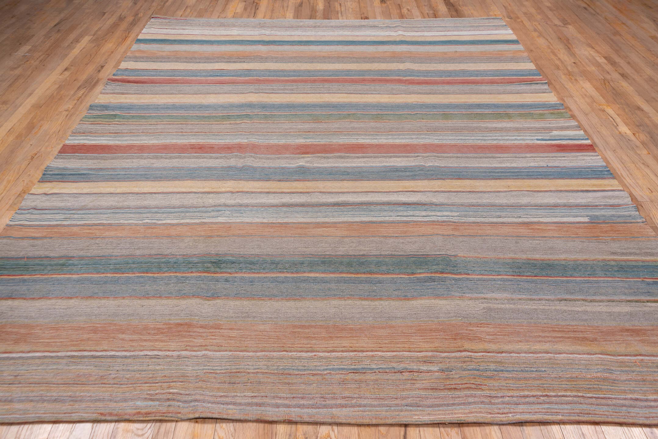 8' x 11' one-of-a-kind handmade vintage Kilim large size rug. Color palette: ivory, muted blue, taupe, blush, sage, sand