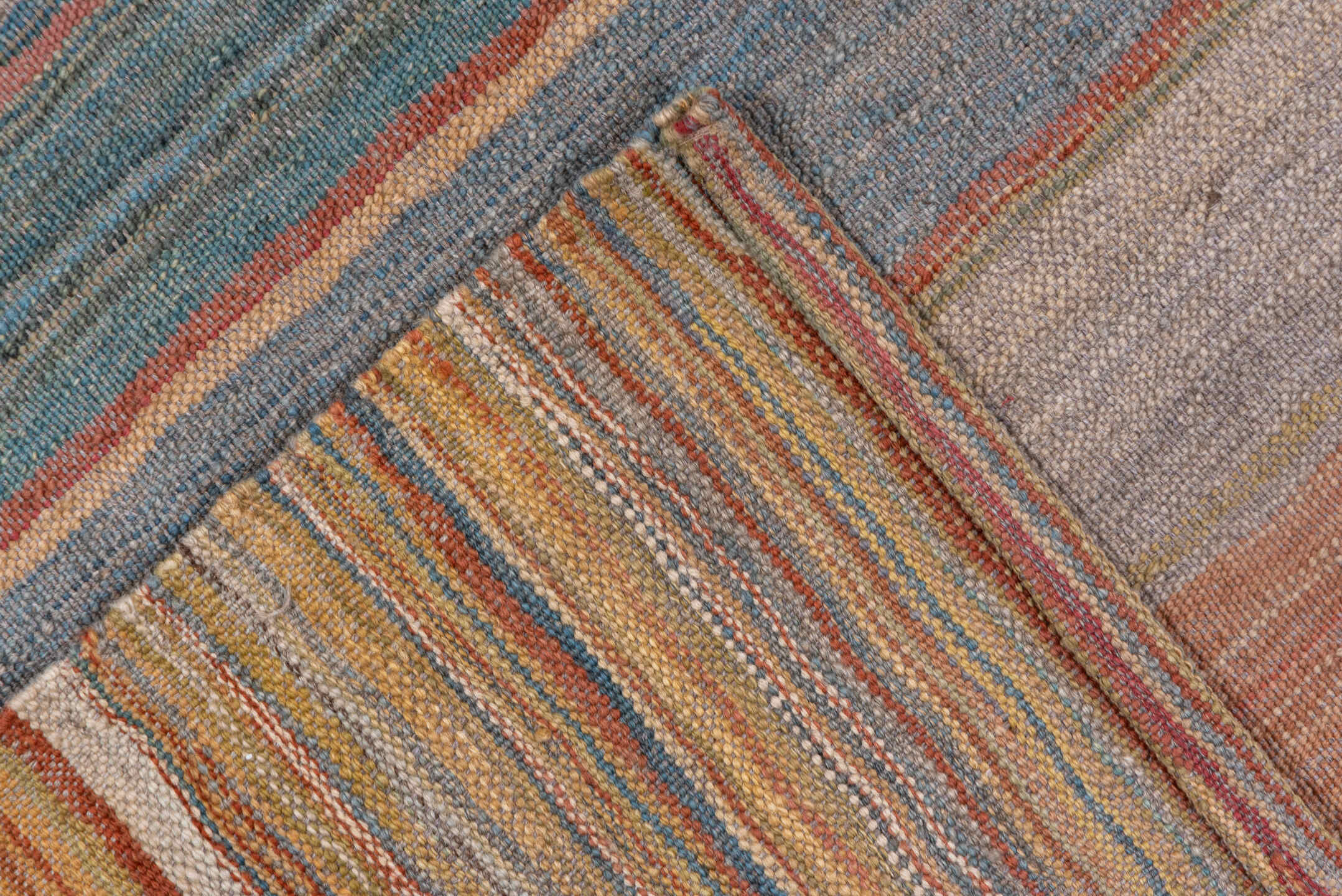 8' x 11' one-of-a-kind handmade vintage Kilim large size rug. Color palette: ivory, muted blue, taupe, blush, sage, sand