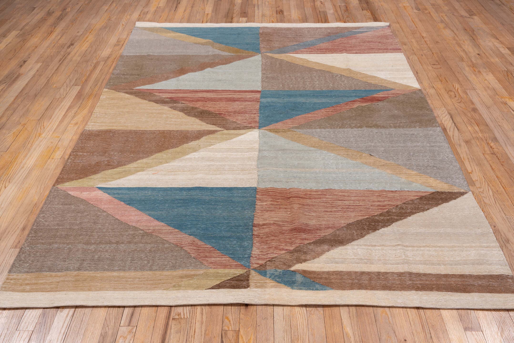 6' x 8' one-of-a-kind handmade vintage Kilim medium size rug. Color palette: taupe, ivory, dusty blue, rose, sand, camel