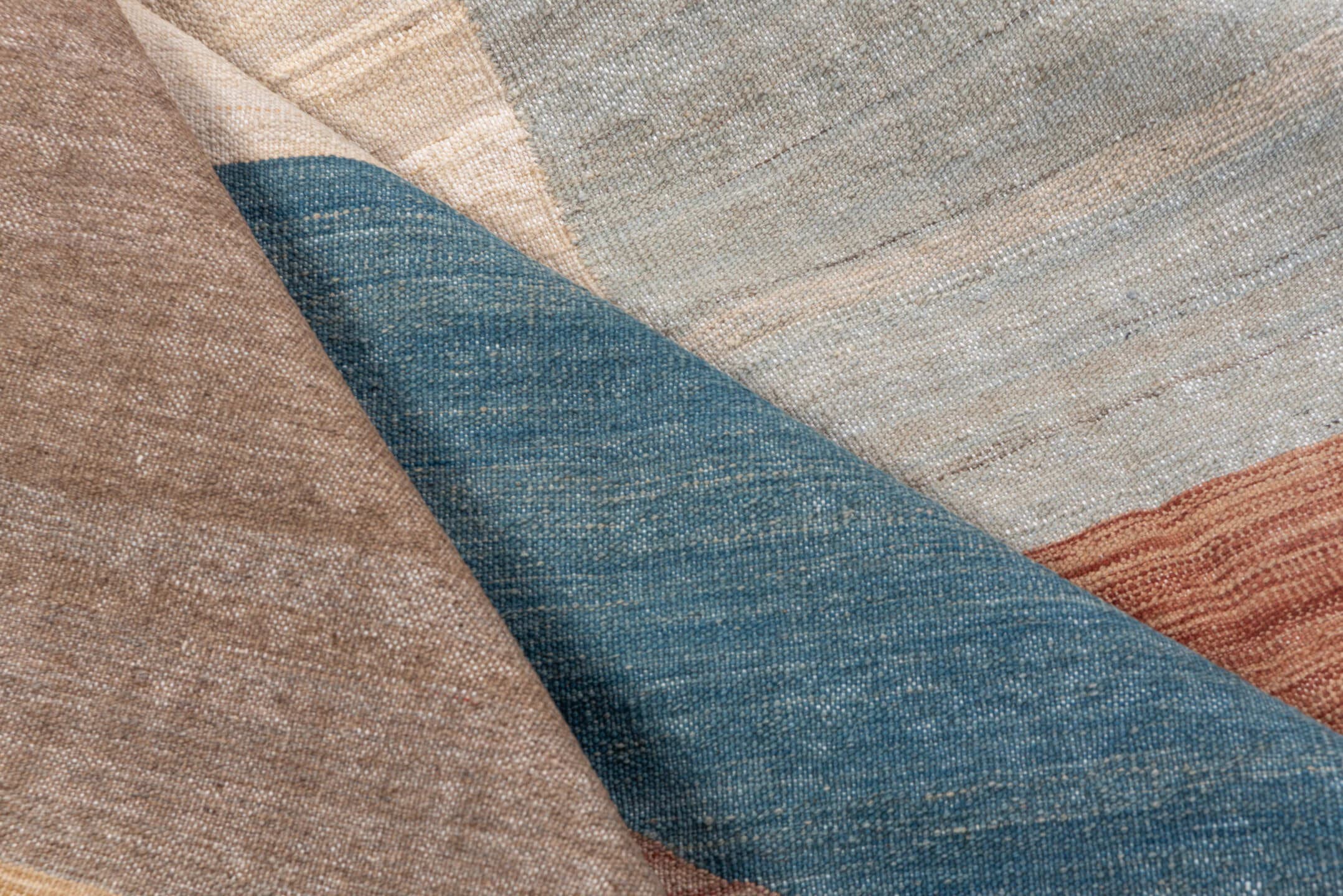 6' x 8' one-of-a-kind handmade vintage Kilim medium size rug. Color palette: taupe, ivory, dusty blue, rose, sand, camel