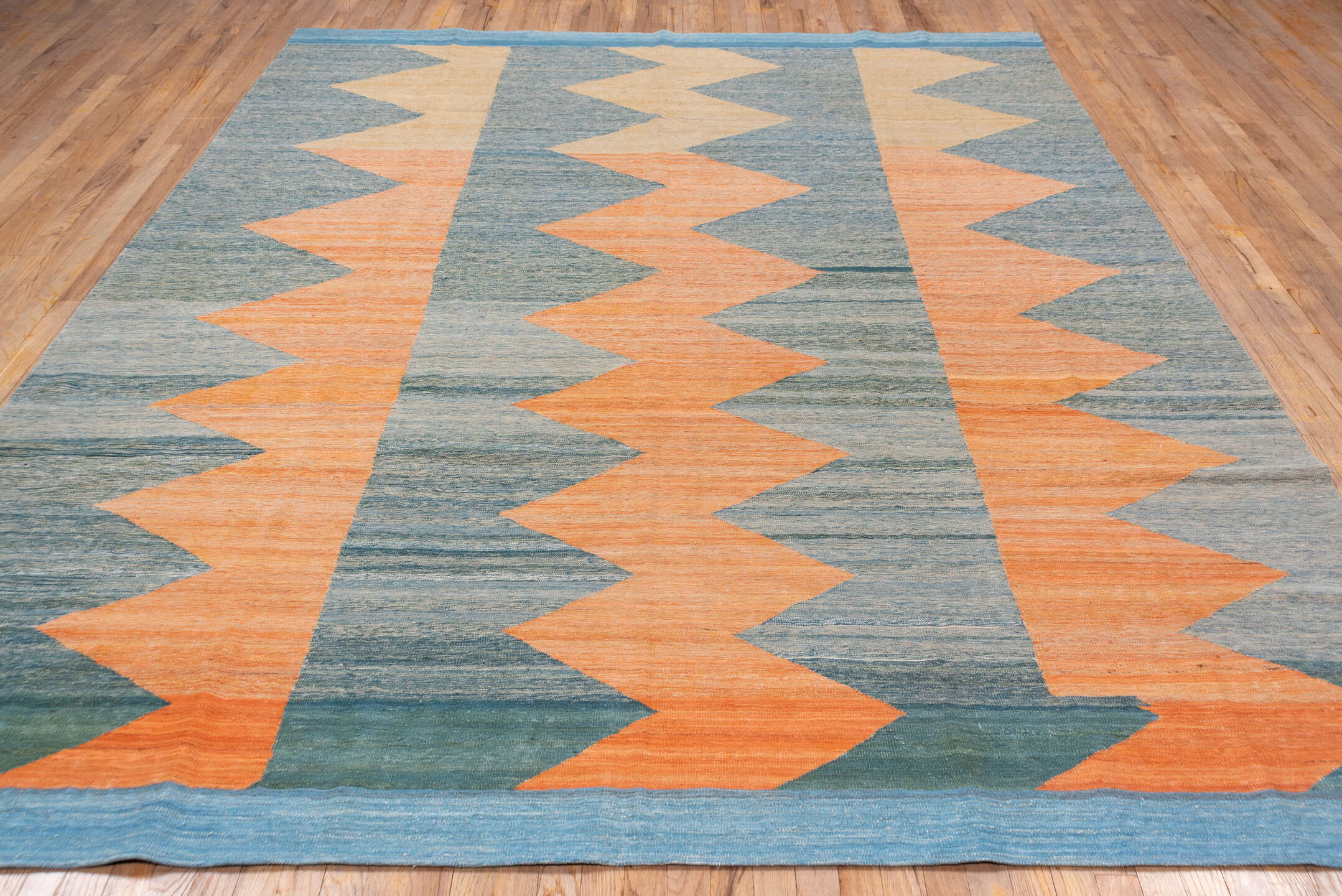 8' x 11' one-of-a-kind handmade vintage Kilim large size rug. Color palette: blue, peach, sky_blue, sand, slate, teal