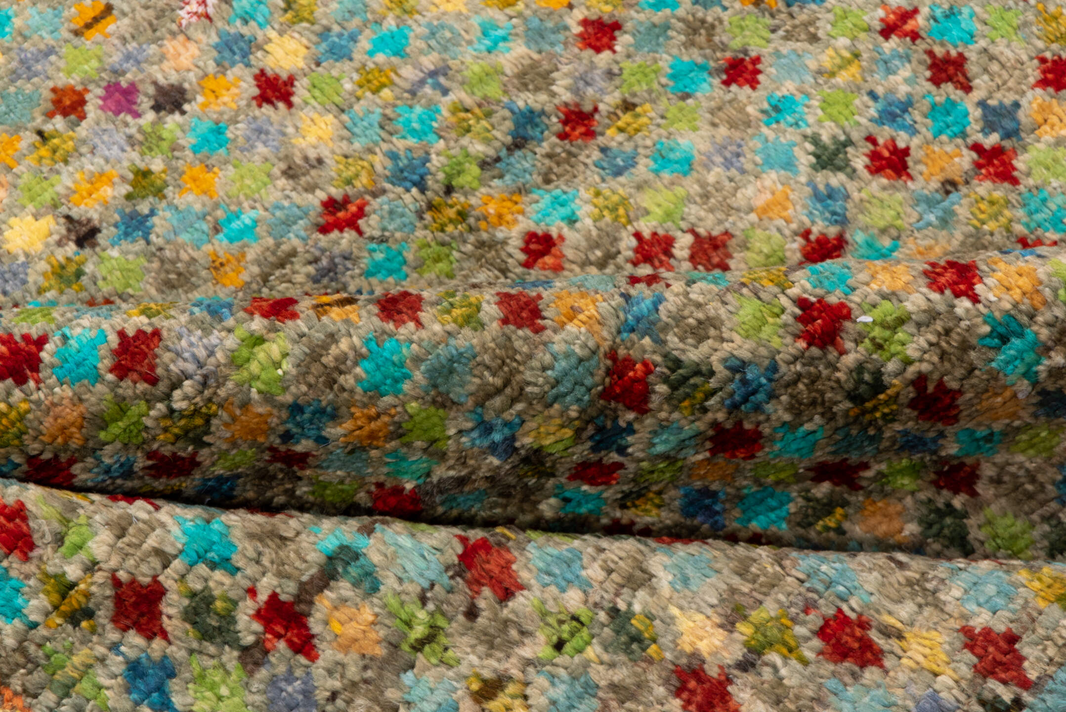 3' x 4' one-of-a-kind handmade vintage Gabbe small size rug. Color palette: taupe, turquoise, rust, gold, crimson, sage