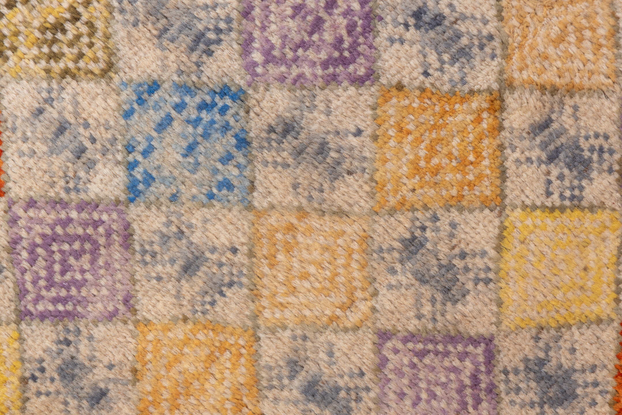 2' x 5' one-of-a-kind handmade vintage Gabbe small size rug. Color palette: ivory, gold, lavender, rust, sky blue, camel
