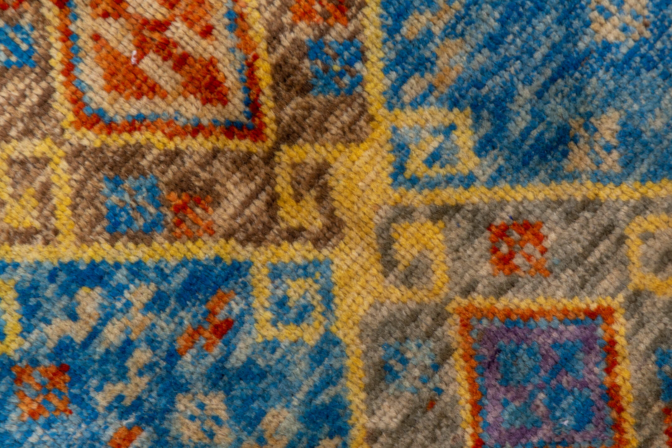 5' x 6' one-of-a-kind handmade vintage Gabbe rug. Color palette: sky blue, ivory, rust, gold, lavender, taupe, slate