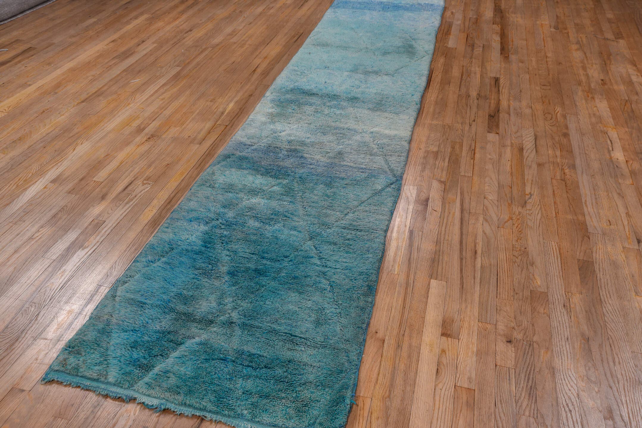 2' x 13' one-of-a-kind handmade vintage Moroccan runner rug. Color palette: aqua, sky blue, turquoise, ivory, teal