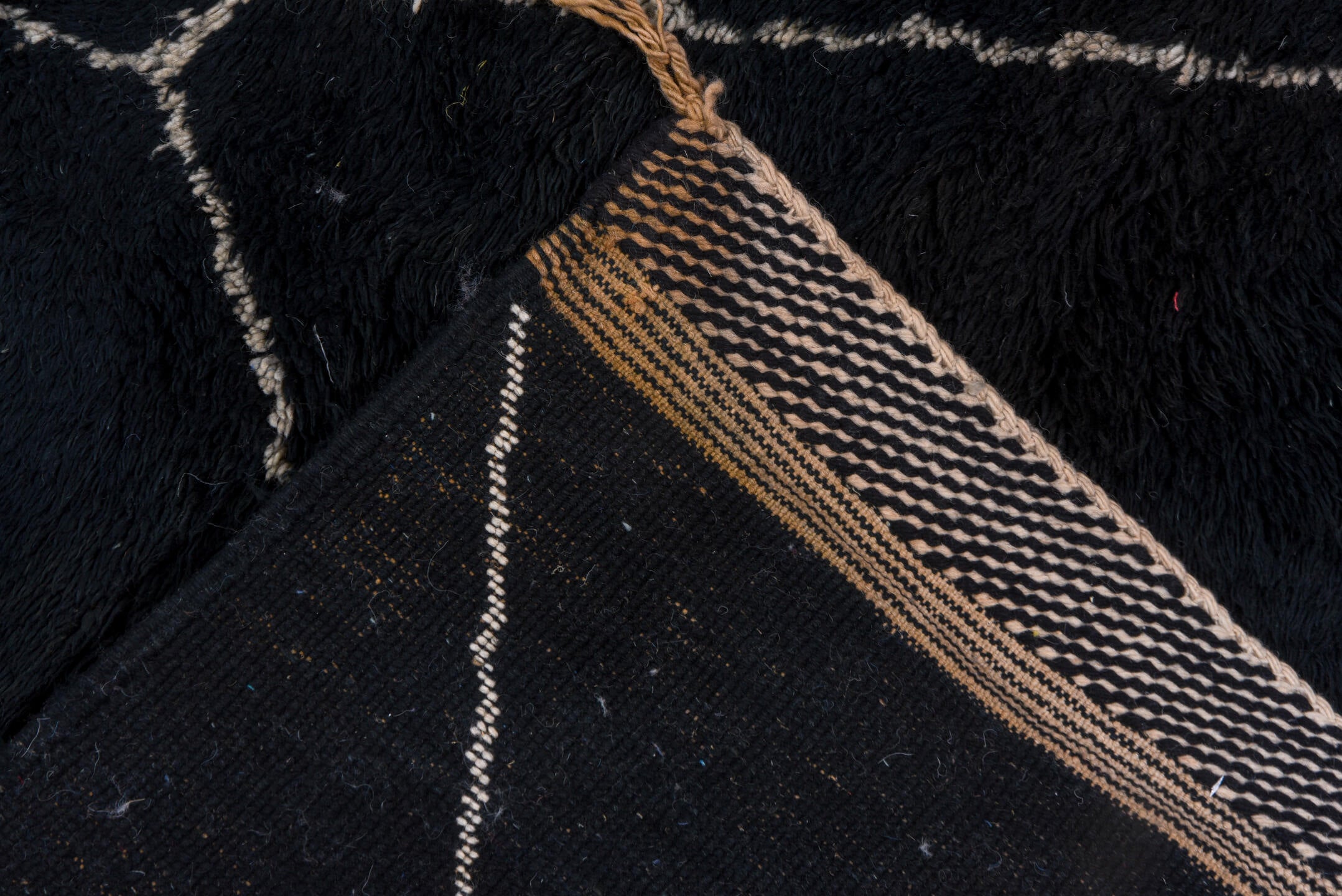 9' x 12' one-of-a-kind handmade vintage Moroccan large size rug. Color palette: antiquewhite, black, blue, charcoal