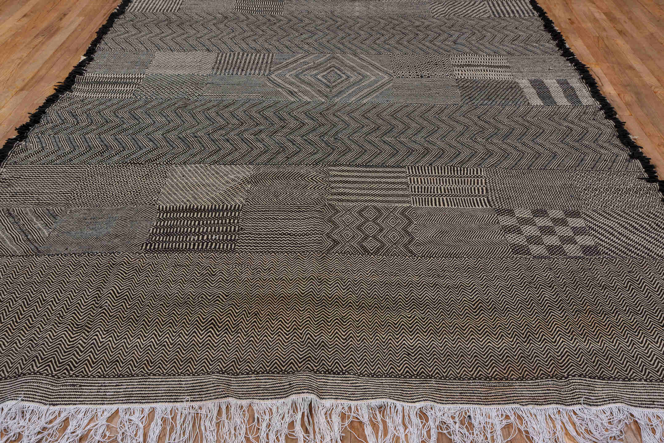8' x 12' one-of-a-kind handmade vintage Kilim large size rug. Color palette: brown, ivory, taupe, charcoal, cream, beige