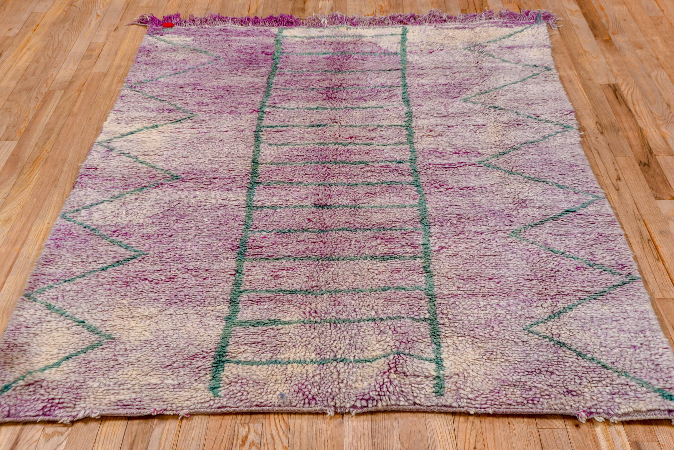 5' x 6' one-of-a-kind handmade vintage Moroccan rug. Color palette: mauve, ivory, mint, rose, pink, purple, green, red