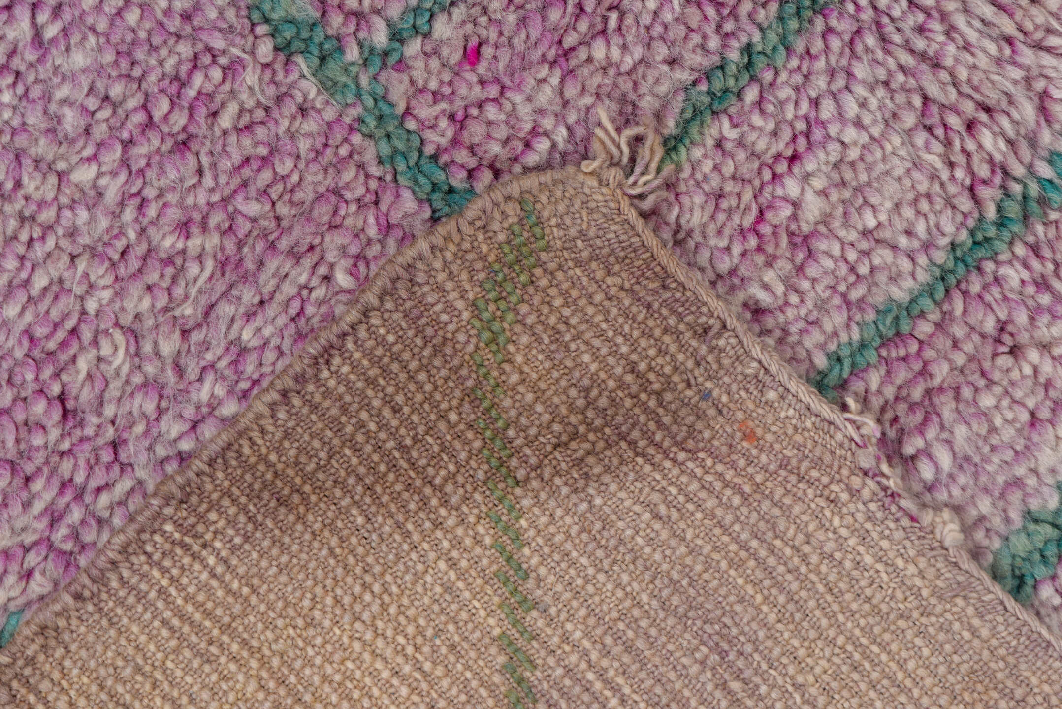 5' x 6' one-of-a-kind handmade vintage Moroccan rug. Color palette: mauve, ivory, mint, rose, pink, purple, green, red
