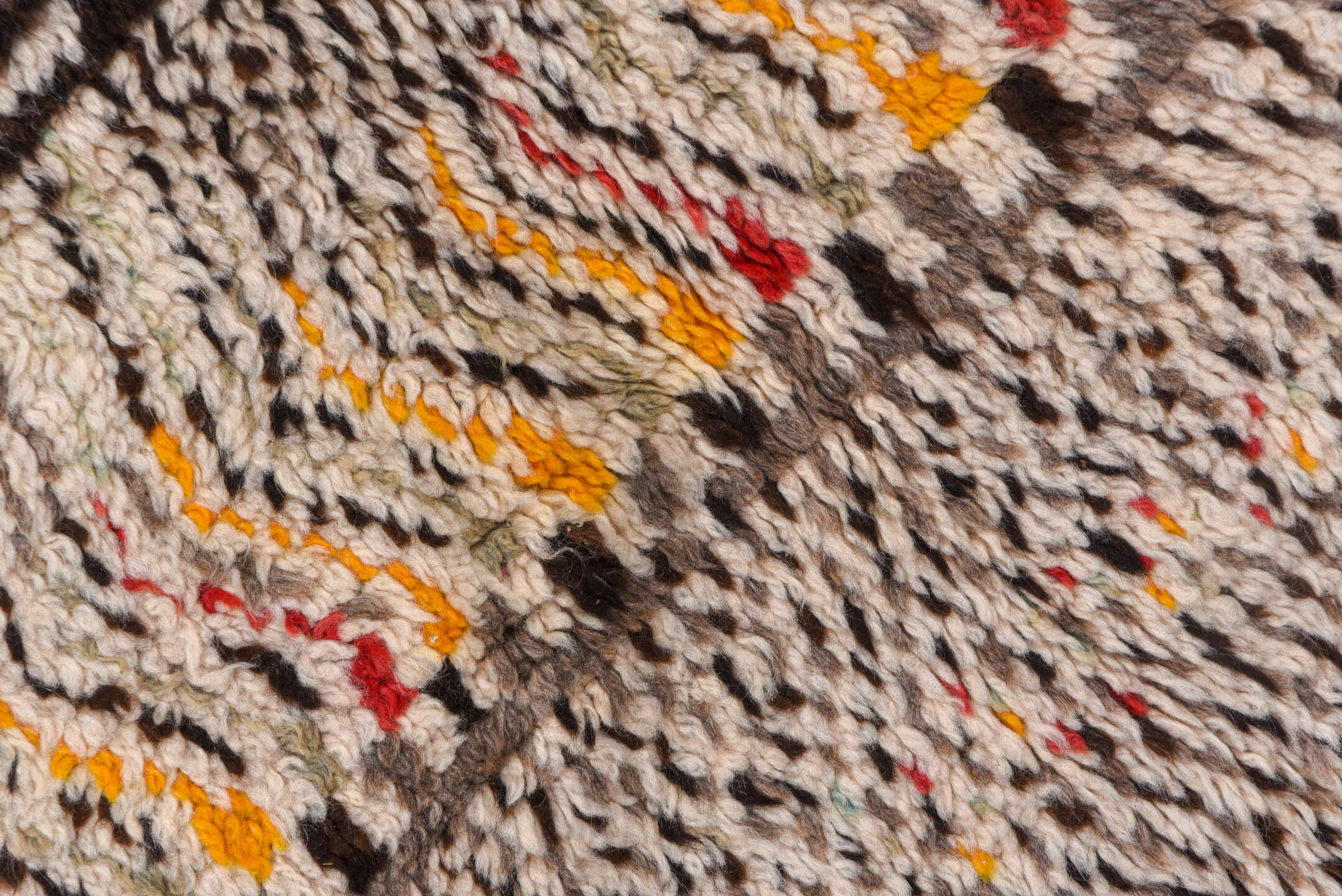 4' x 8' one-of-a-kind handmade vintage Moroccan rug. Color palette: ivory, taupe, charcoal, brown, saffron, rose, coral