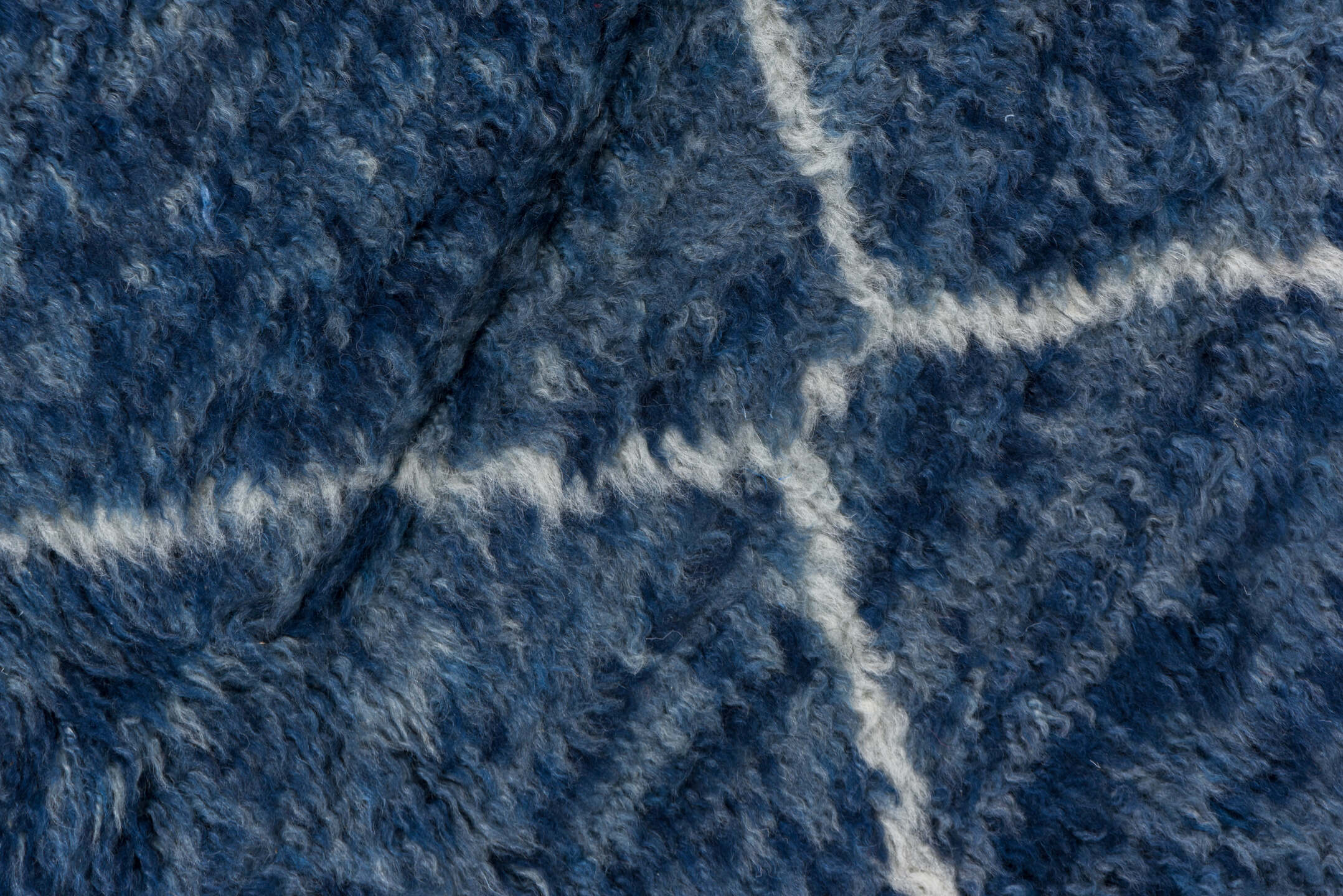 7' x 10' one-of-a-kind handmade vintage Moroccan large size rug. Color palette: arapawa, blue, dark gray, gray, light blue