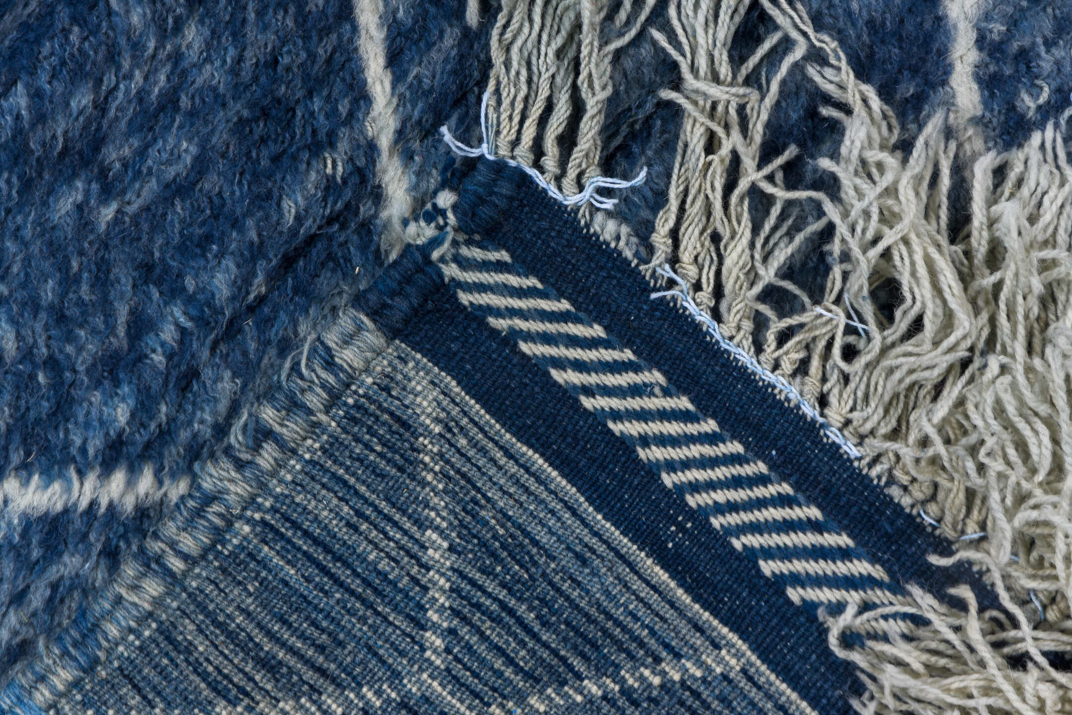 7' x 10' one-of-a-kind handmade vintage Moroccan large size rug. Color palette: arapawa, blue, dark gray, gray, light blue