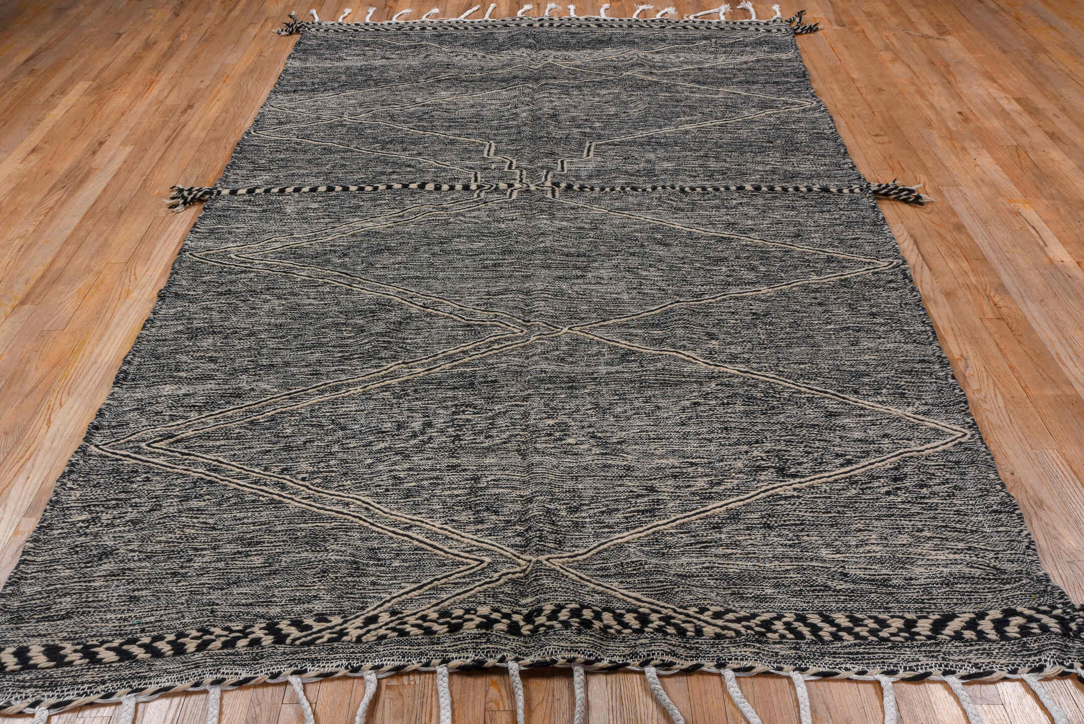 6' x 10' one-of-a-kind handmade vintage Kilim large size rug. Color palette: charcoal, ivory, taupe, gray, black, beige