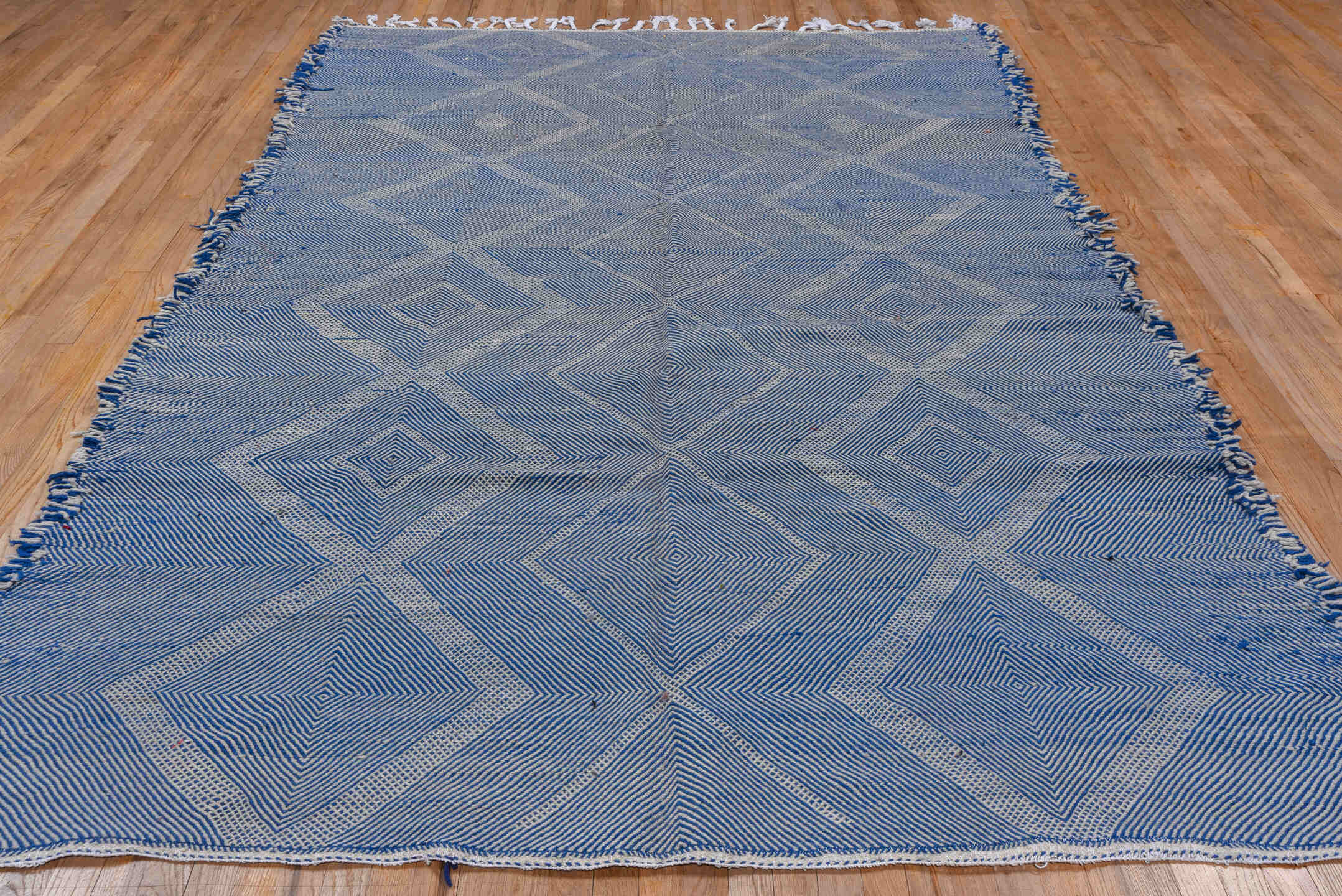 7' x 10' one-of-a-kind handmade vintage Kilim large size rug. Color palette: blue, dark gray, fiord, gray, light blue
