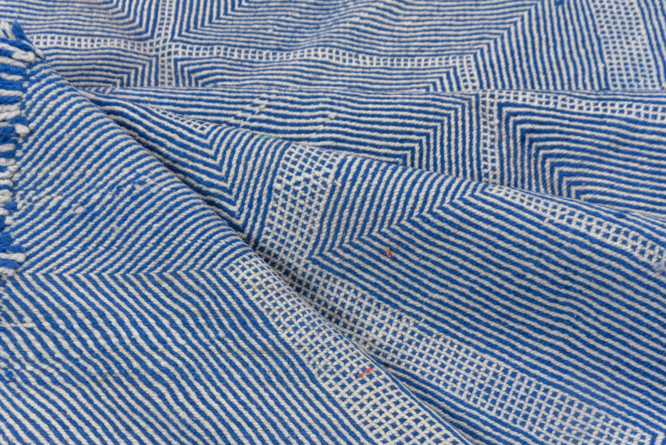 7' x 10' one-of-a-kind handmade vintage Kilim large size rug. Color palette: blue, dark gray, fiord, gray, light blue