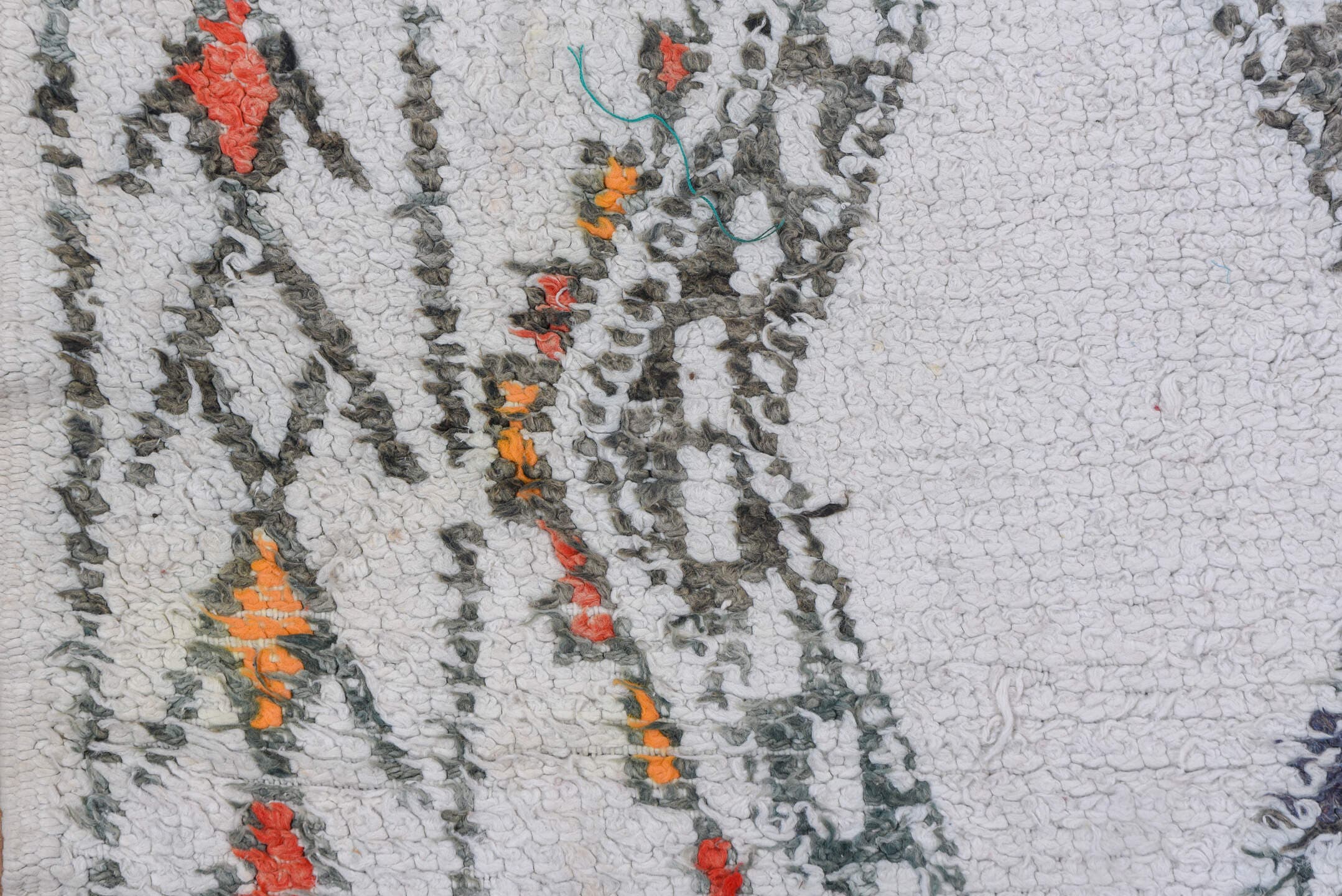 5' x 8' one-of-a-kind handmade vintage Moroccan medium size rug. Color palette: ivory, charcoal, rust, saffron, gray, black