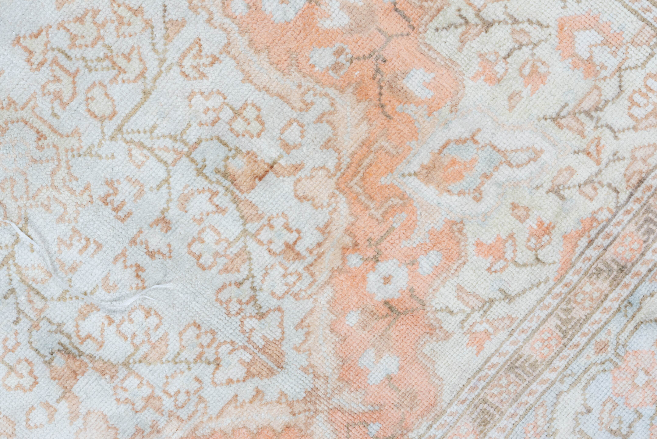 3' x 6' one-of-a-kind handmade antique Kaisary small size rug. Color palette: ivory, blush, peach, pale blue, taupe, beige