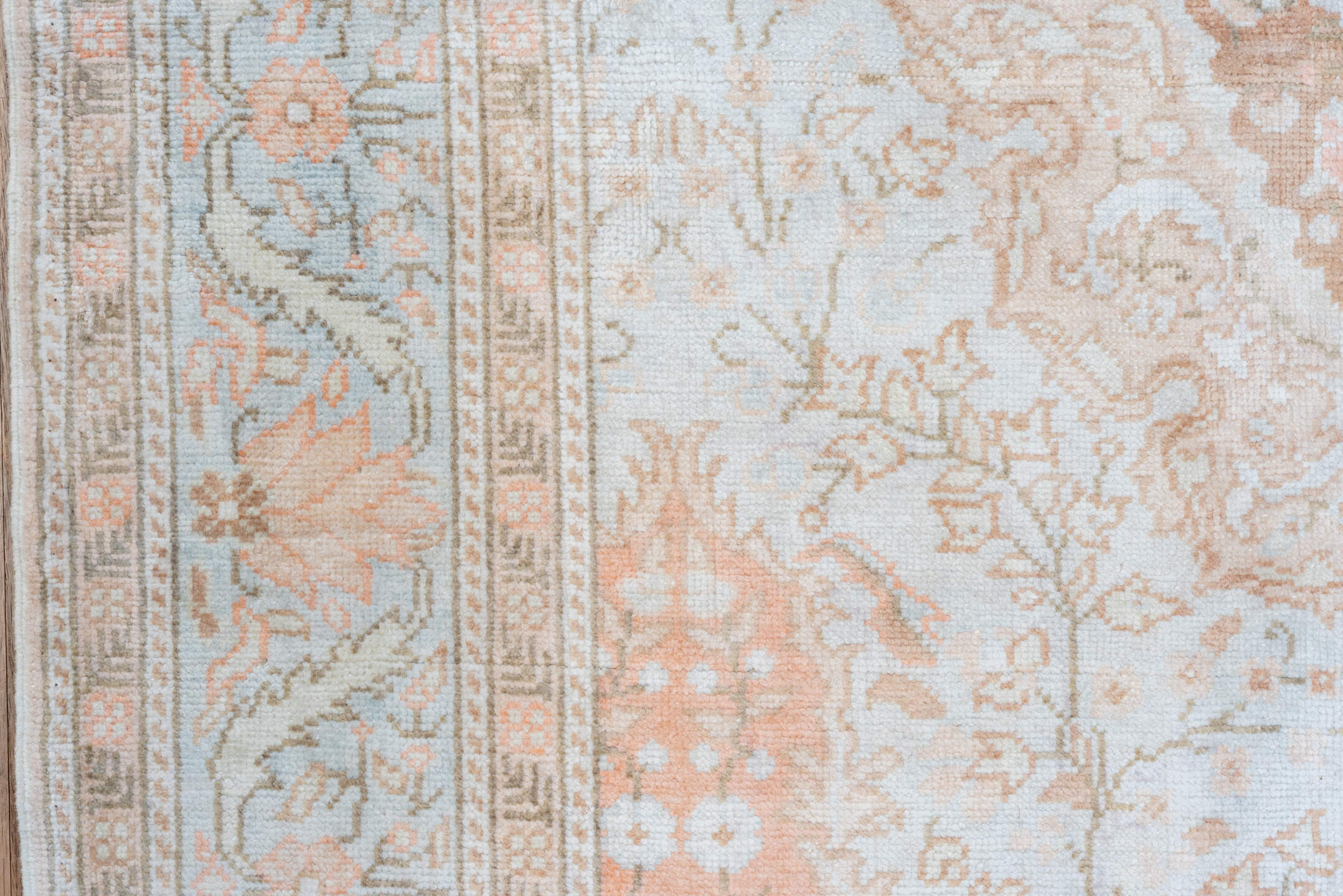 3' x 6' one-of-a-kind handmade antique Kaisary small size rug. Color palette: ivory, blush, peach, pale blue, taupe, beige