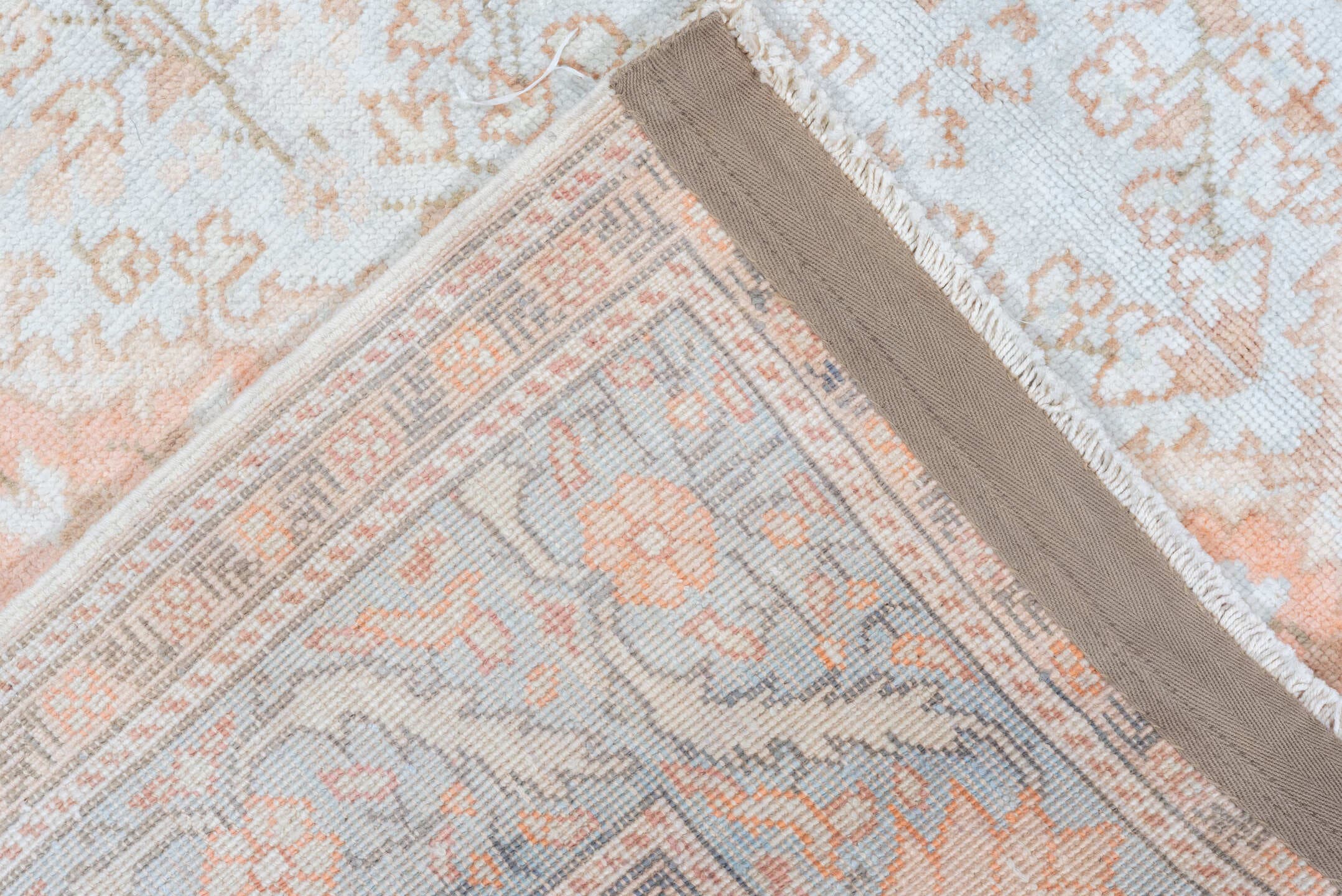 3' x 6' one-of-a-kind handmade antique Kaisary small size rug. Color palette: ivory, blush, peach, pale blue, taupe, beige