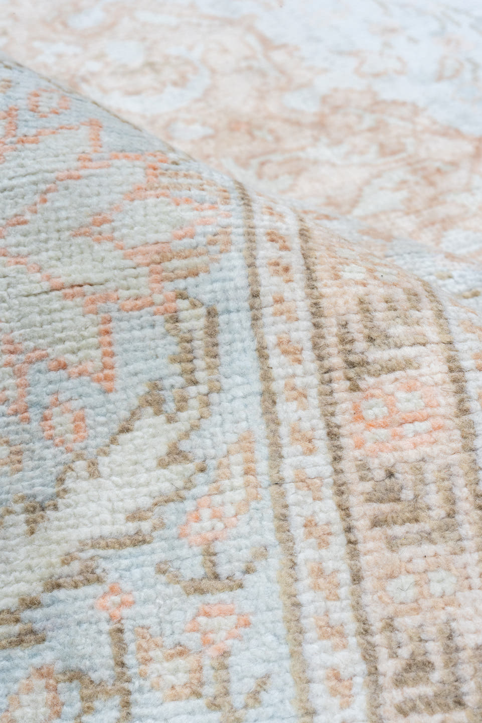 3' x 6' one-of-a-kind handmade antique Kaisary small size rug. Color palette: ivory, blush, peach, pale blue, taupe, beige