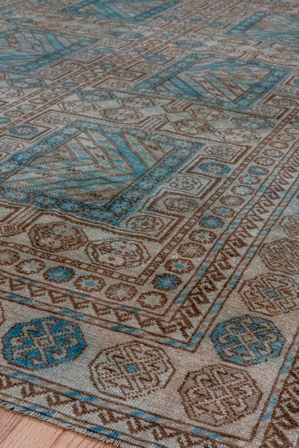 6' x 9' one-of-a-kind handmade vintage Turkish medium size rug. Color palette: ivory, brown, sky_blue, taupe, camel