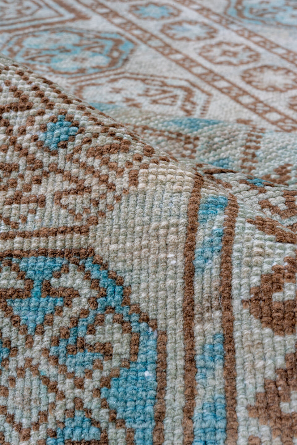 6' x 9' one-of-a-kind handmade vintage Turkish medium size rug. Color palette: ivory, brown, sky_blue, taupe, camel