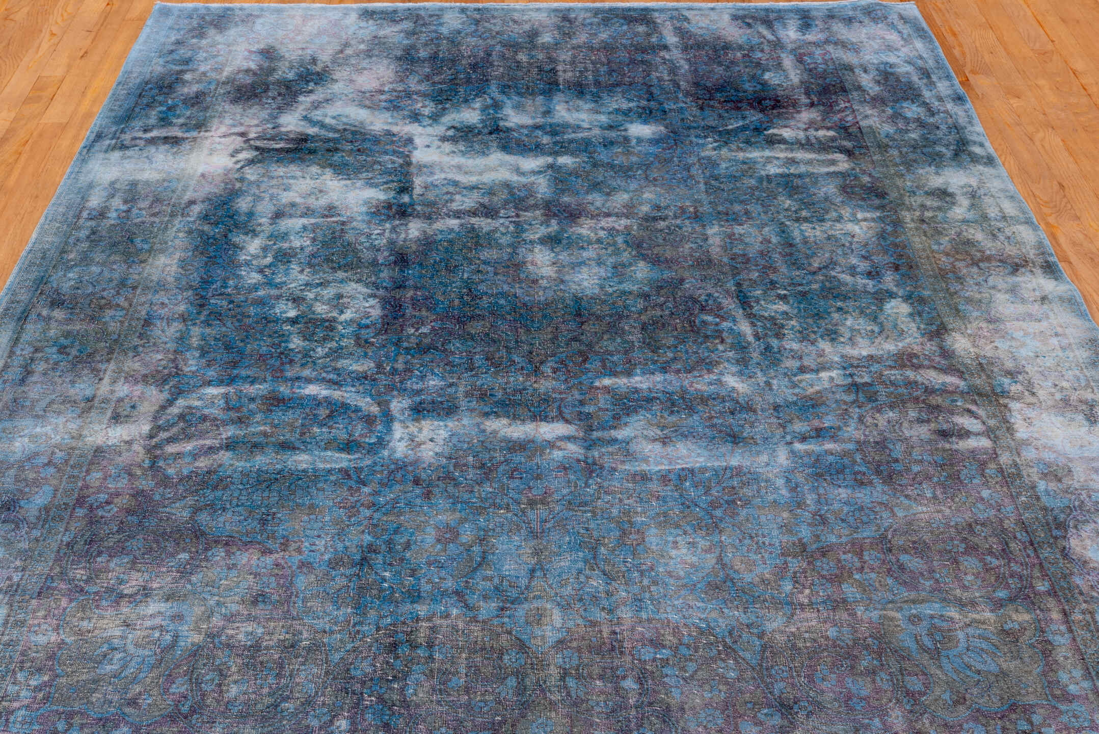 5' x 9' one-of-a-kind handmade vintage Overdyed medium size rug. Color palette: blue, gray, light blue, light steel blue