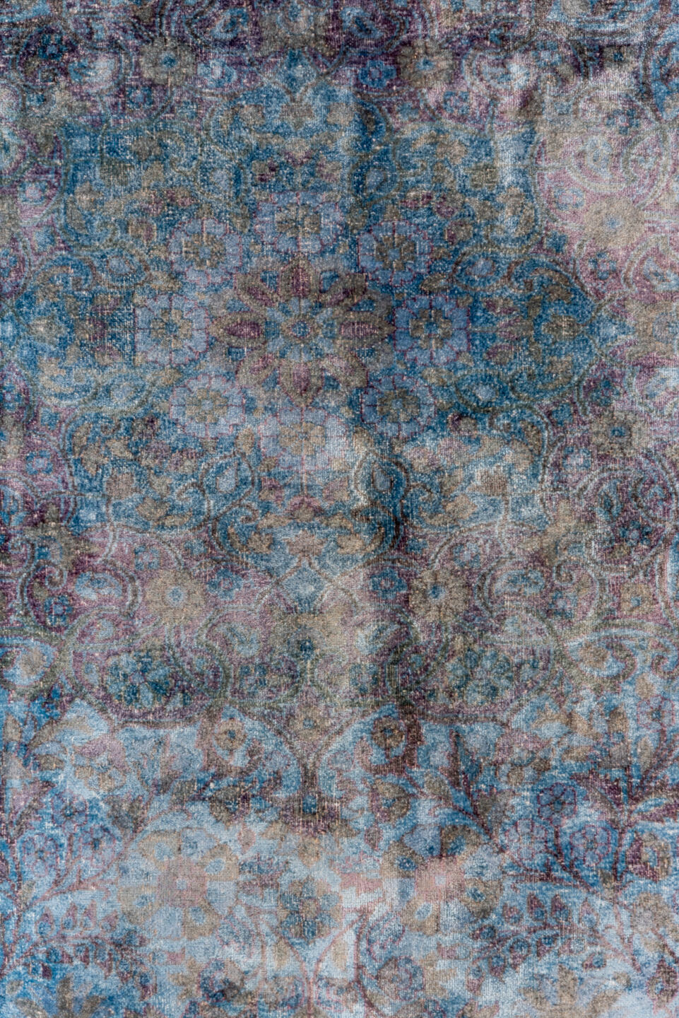 5' x 9' one-of-a-kind handmade vintage Overdyed medium size rug. Color palette: blue, gray, light blue, light steel blue