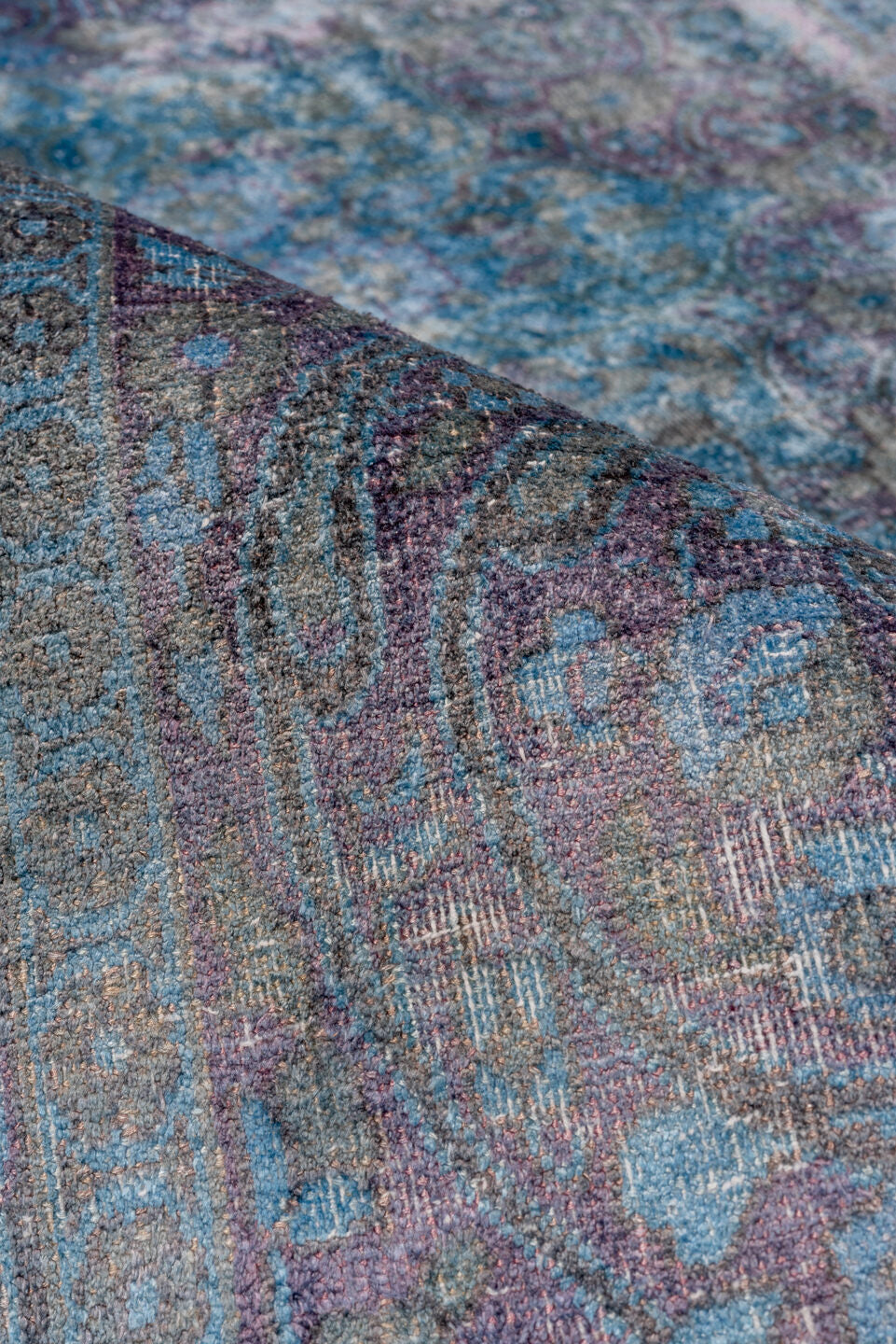 5' x 9' one-of-a-kind handmade vintage Overdyed medium size rug. Color palette: blue, gray, light blue, light steel blue
